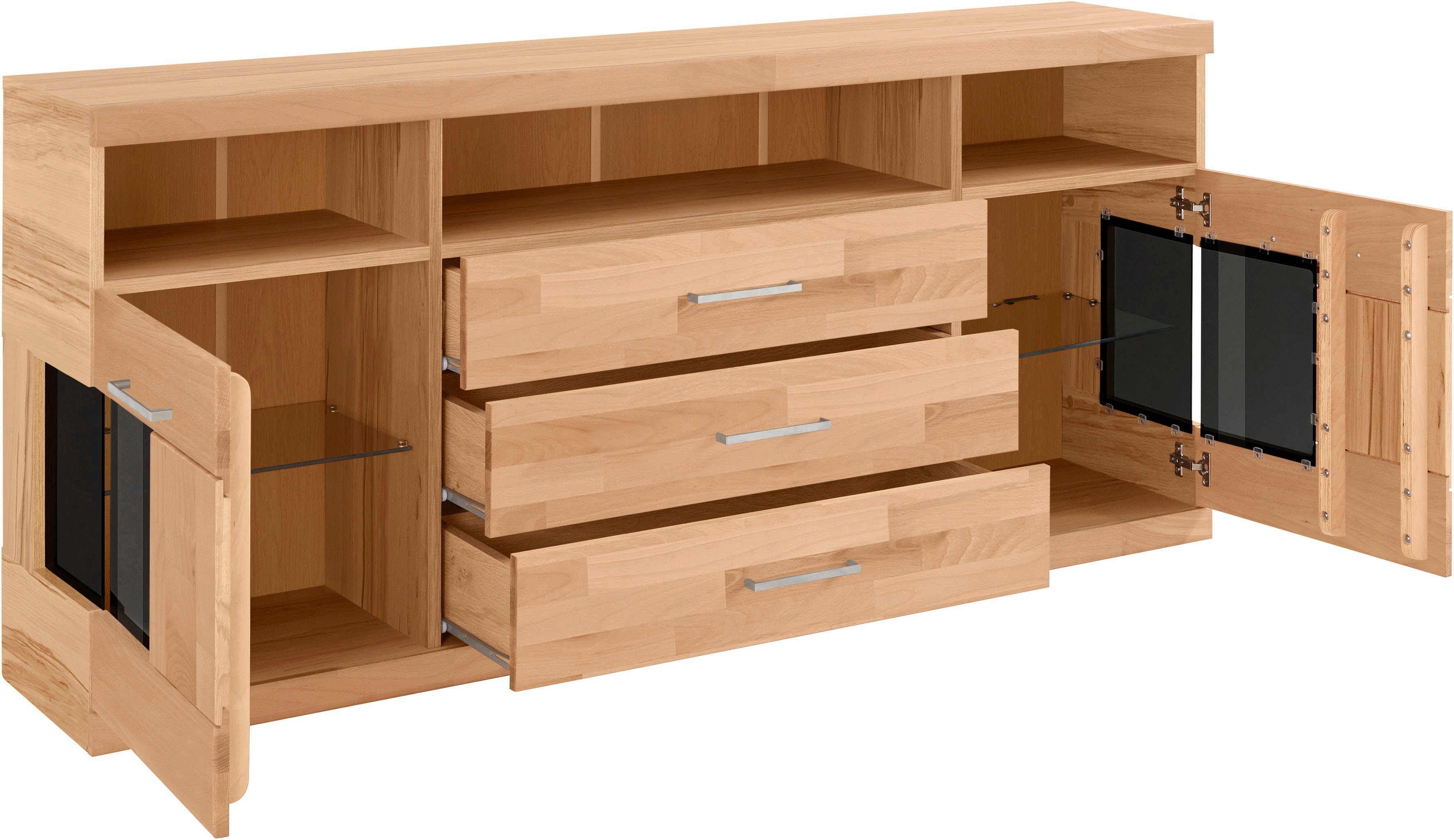 Home affaire Sideboard Ribe,180cm breit, Fronten Massivholz,7 Fächer,Böden versetzbar, Korpus Holzwerkstoff,Türen mit Glaseinsatz,3 breite Schubladen