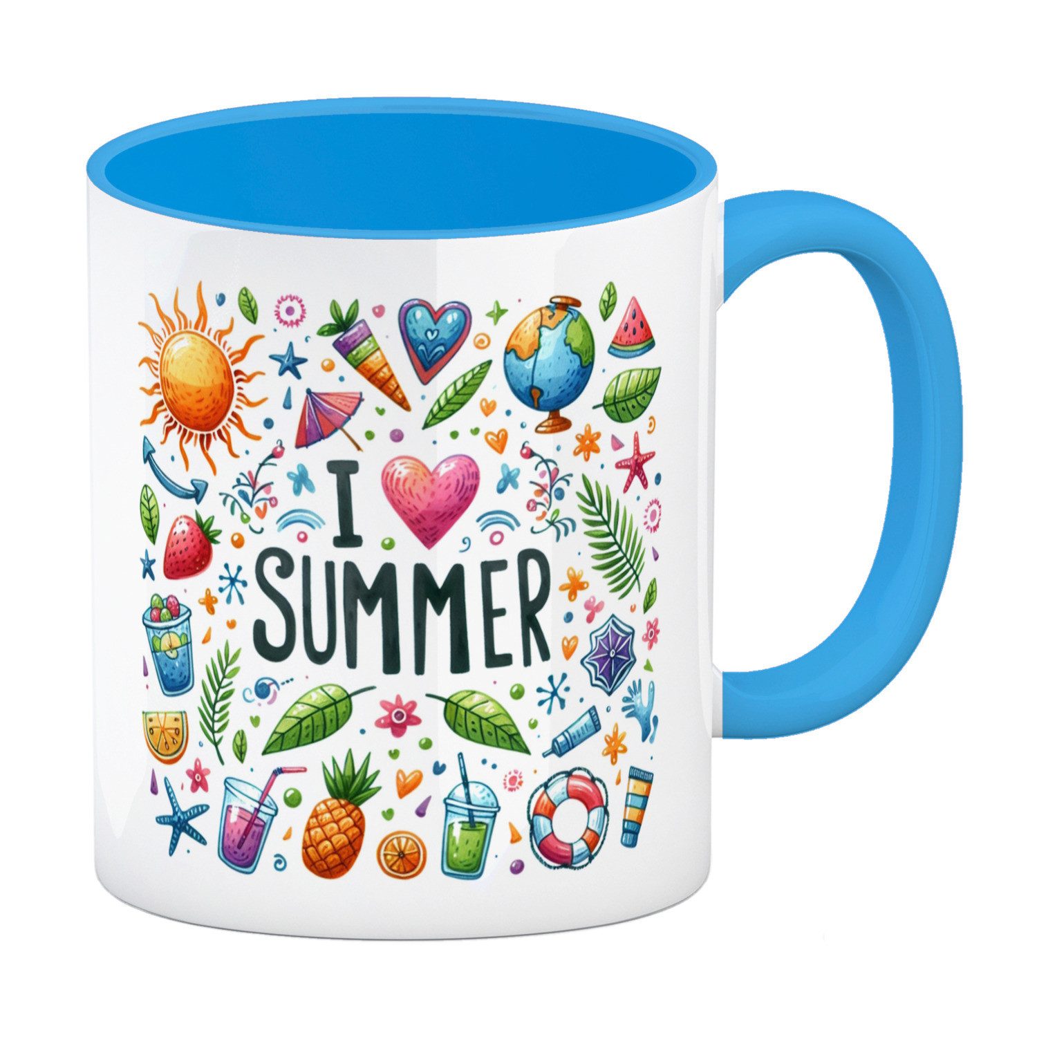 Tasse Sommer Kaffeebecher in hellblau mit Spruch I love summer