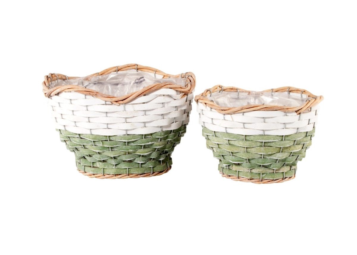 INNA-Glas Übertopf Deko Korb ISILE, grün-weiß, 2 Stück, 13-17cm, Ø20-25cm