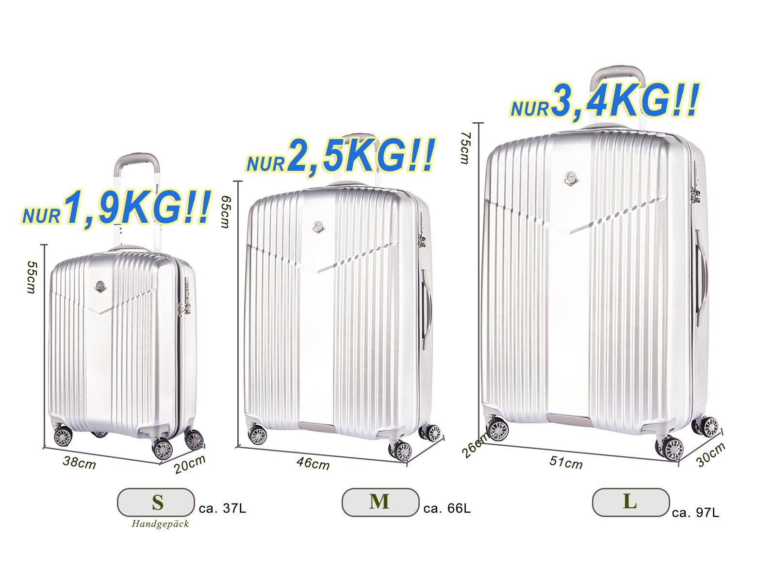 Verage TSA-Zahlenschloss, 4 V-LITE, Silber Superleicht Doppelrollen, Hartschalen-Trolley Hartschale, Rollen, mit mit