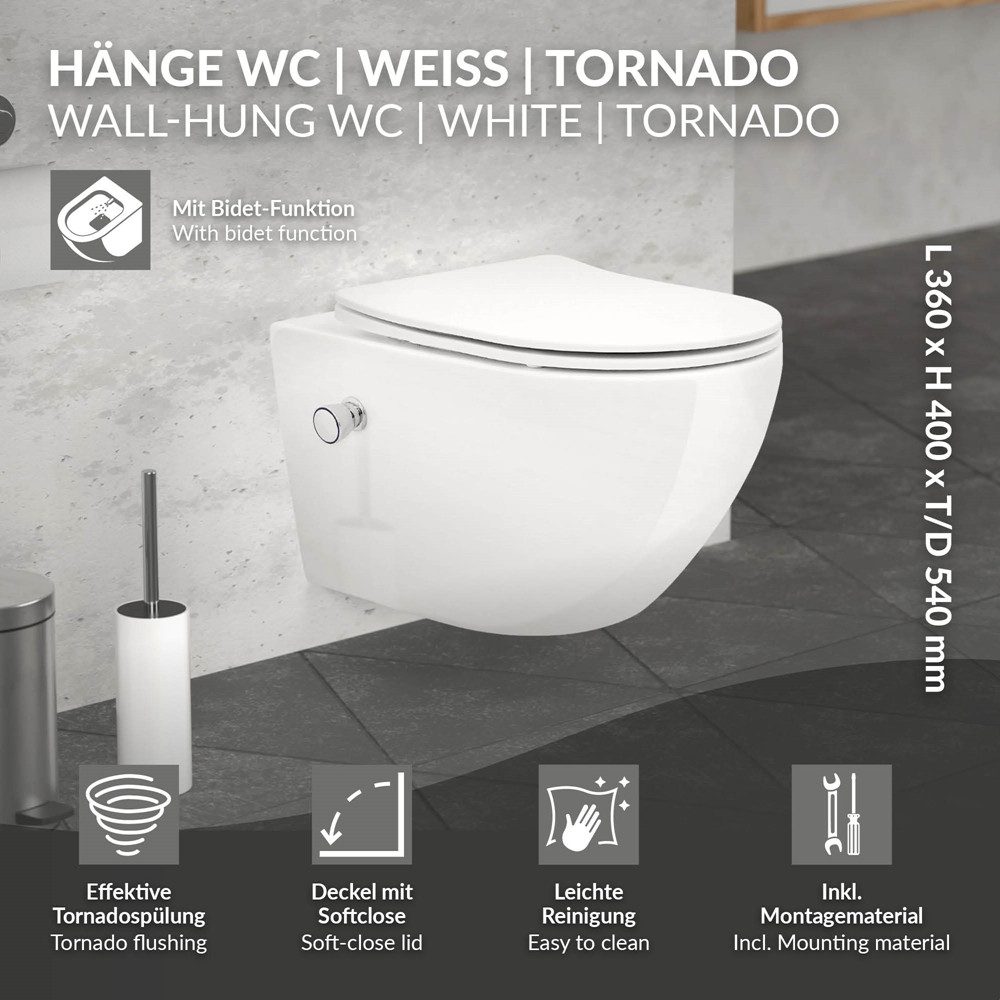 LuxeBath Tiefspül-WC Spülrandloses Wand Hänge WC aus Keramik, mit WC-Sitz Absenkautomatik, Toilette Weiß mit Bidet-Funktion, Tornadospülung, Softclose-Klodeckel