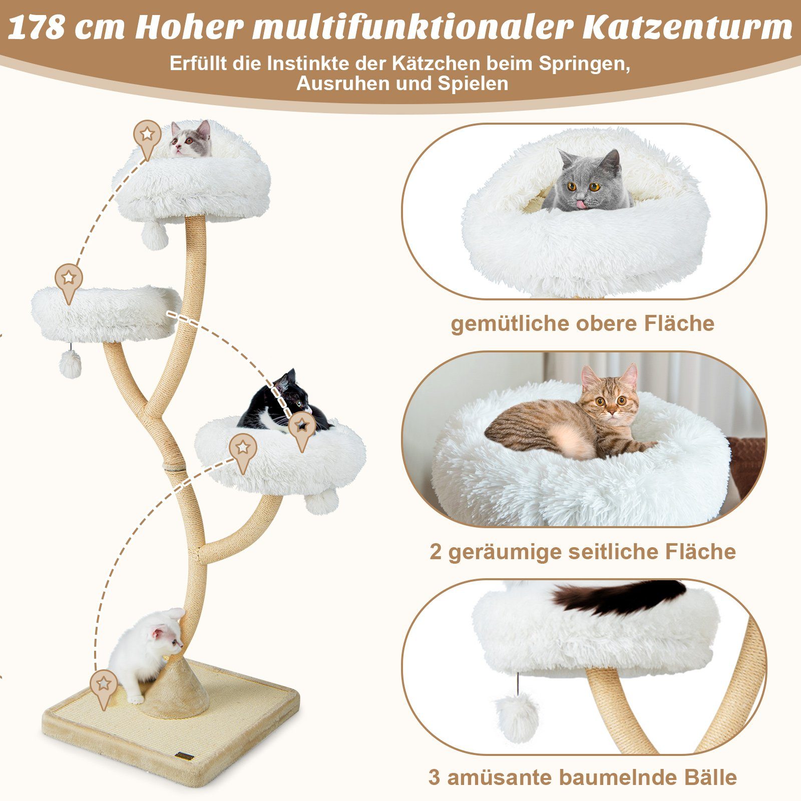 COSTWAY Kratzbaum Katzenbaum, mit 3 Plüschbälle, Metallgestell