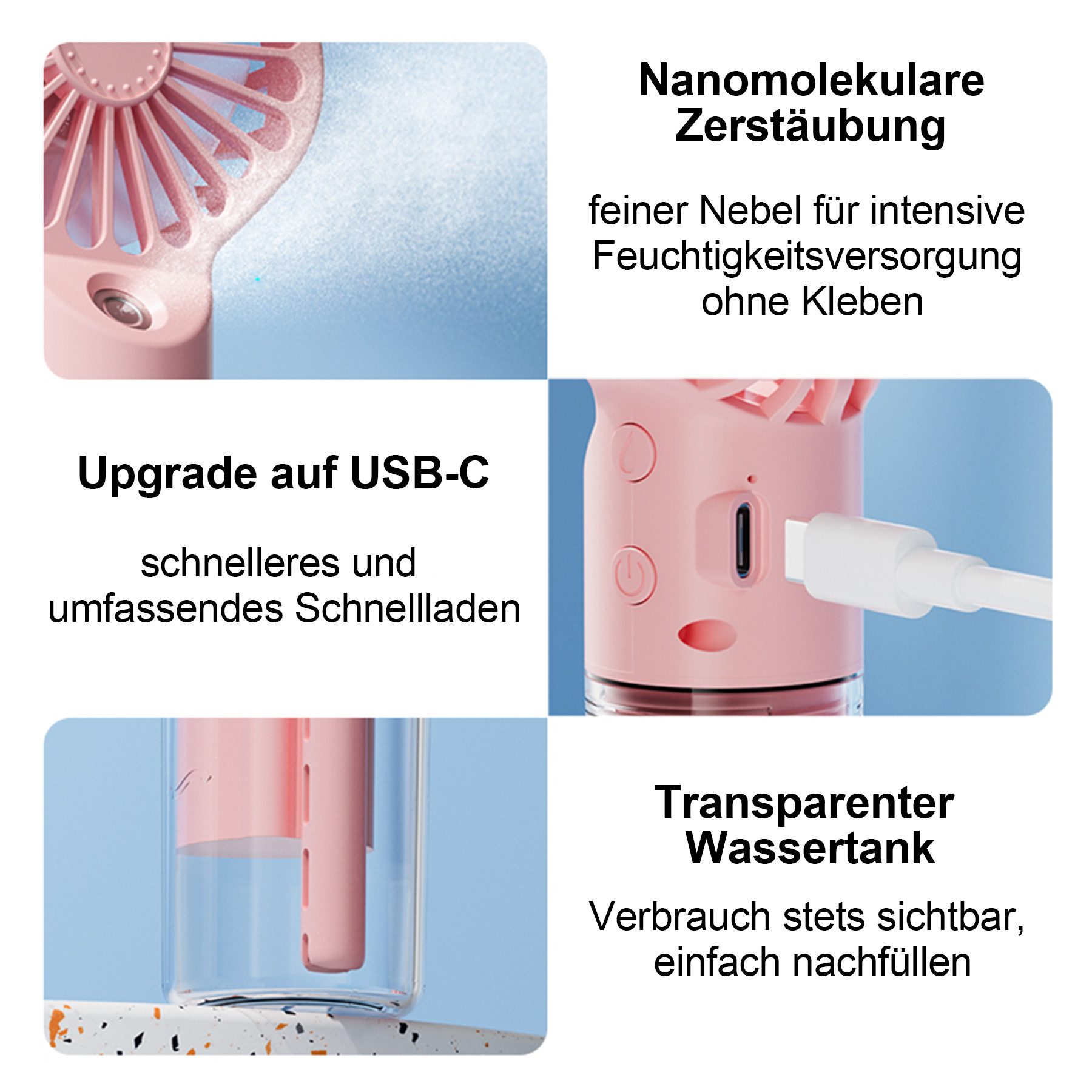 Senmudi Mini USB-Ventilator Handventilator, Tragbarer Mini Ventilator, Wiederaufladbar,800MAH, Kleiner Taschenventilator 4 Geschwindigkeiten mit Wassernebel für Büro