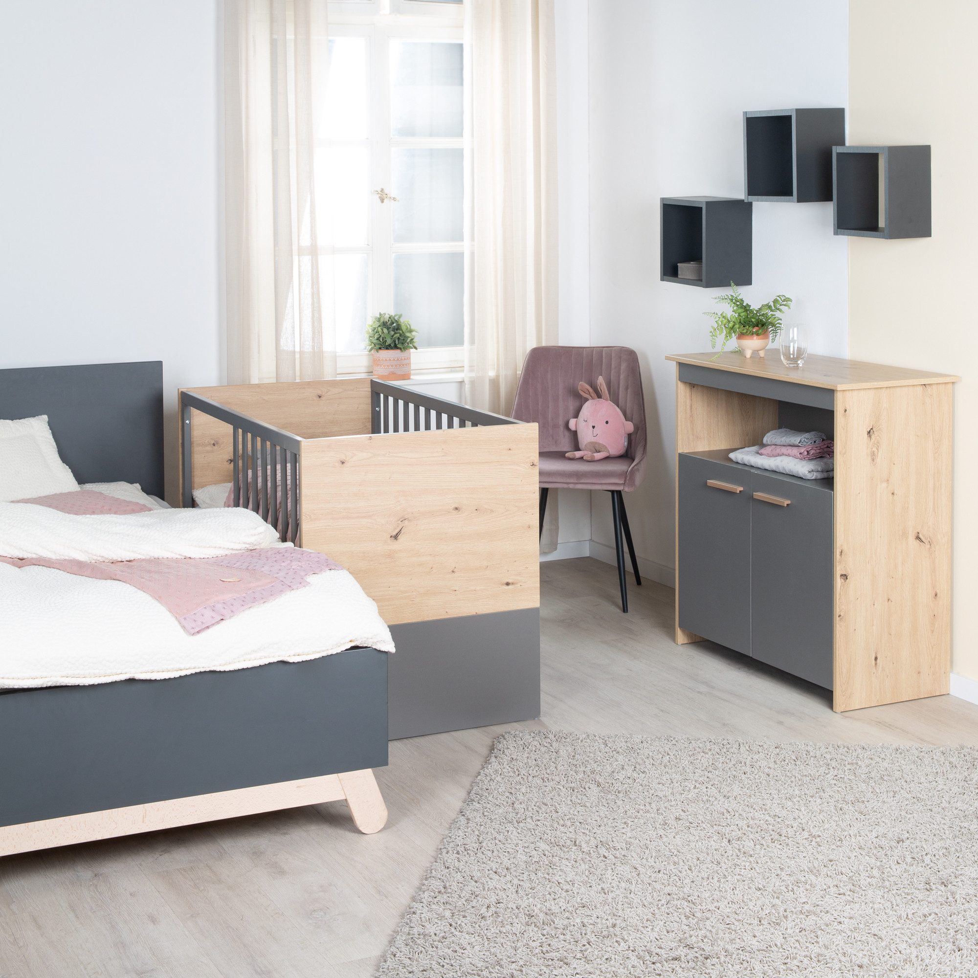 roba® Beistellbett Anna - aus Holz - in Anthrazit mit Dekor Kent Eiche - moderne Optik, 2-in-1 Babybett & Beistellbett 60 x 120 cm, höhenverstellbar