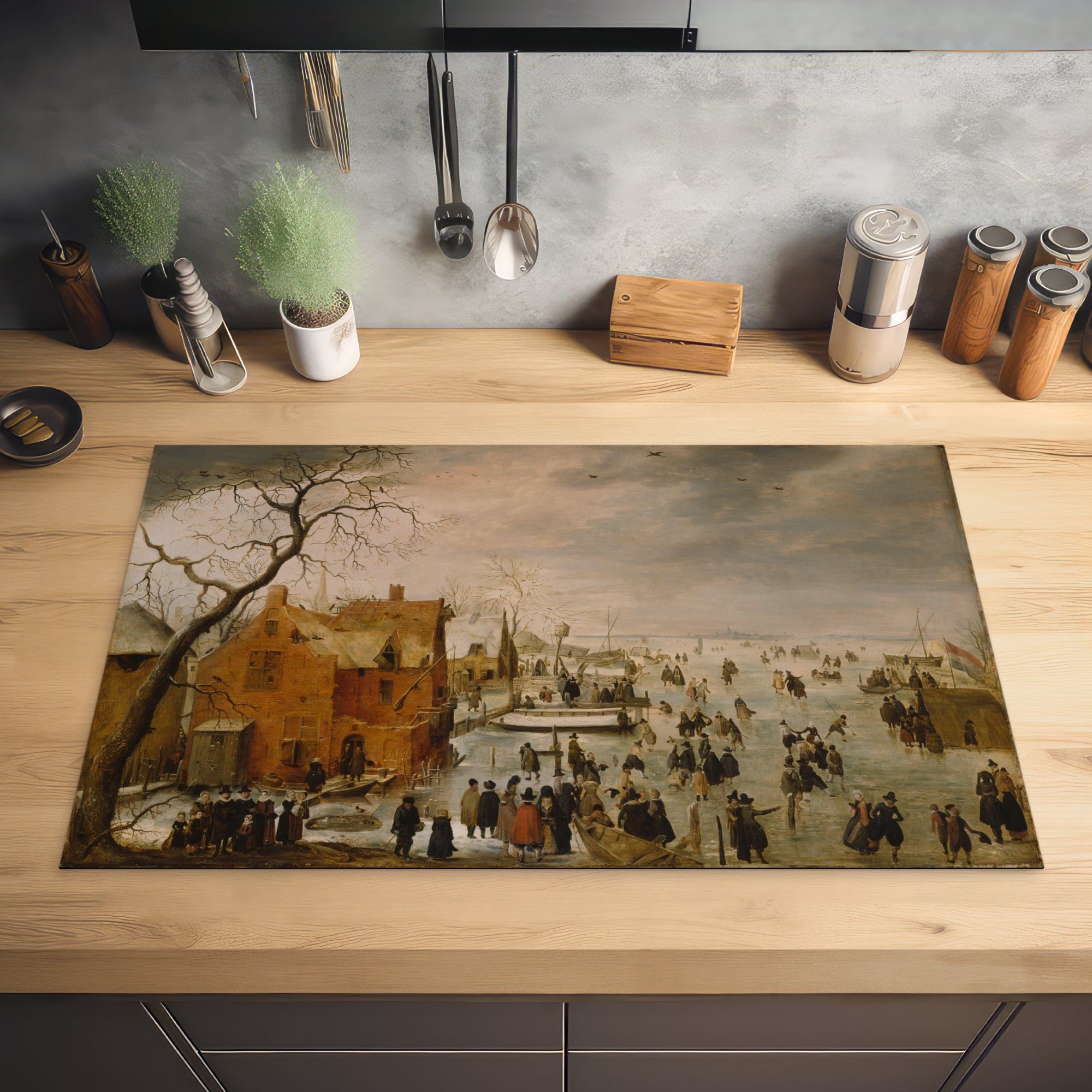 (1 Gemälde Avercamp, Herdblende-/Abdeckplatte Ceranfeldabdeckung, von MuchoWow küche Eislandschaft Vinyl, Arbeitsplatte - tlg), für Hendrick cm, 83x51
