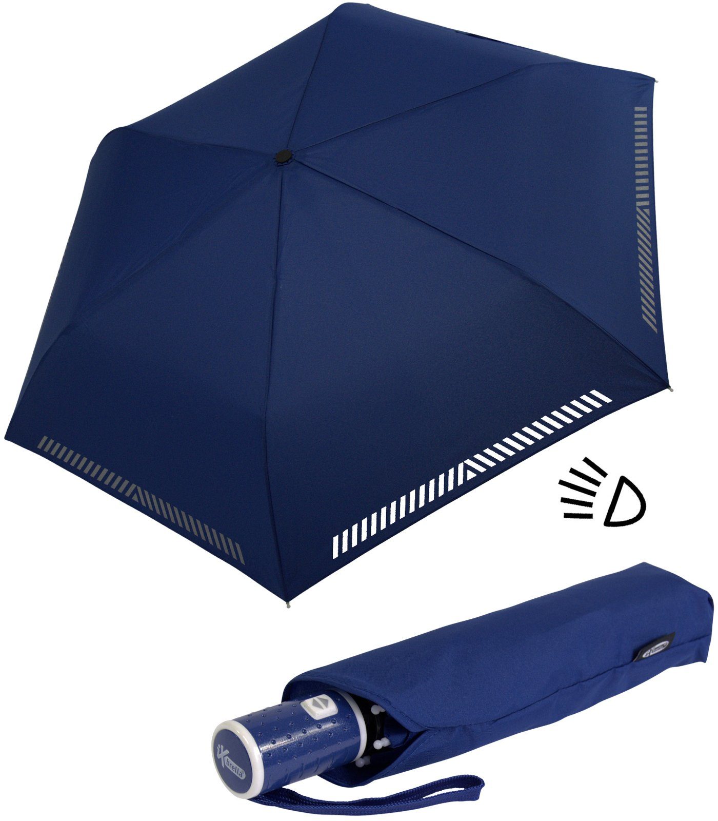 iX-brella Taschenregenschirm Kinderschirm mit Sicherheit Auf-Zu-Automatik, - blau reflektierend, durch Reflex-Streifen