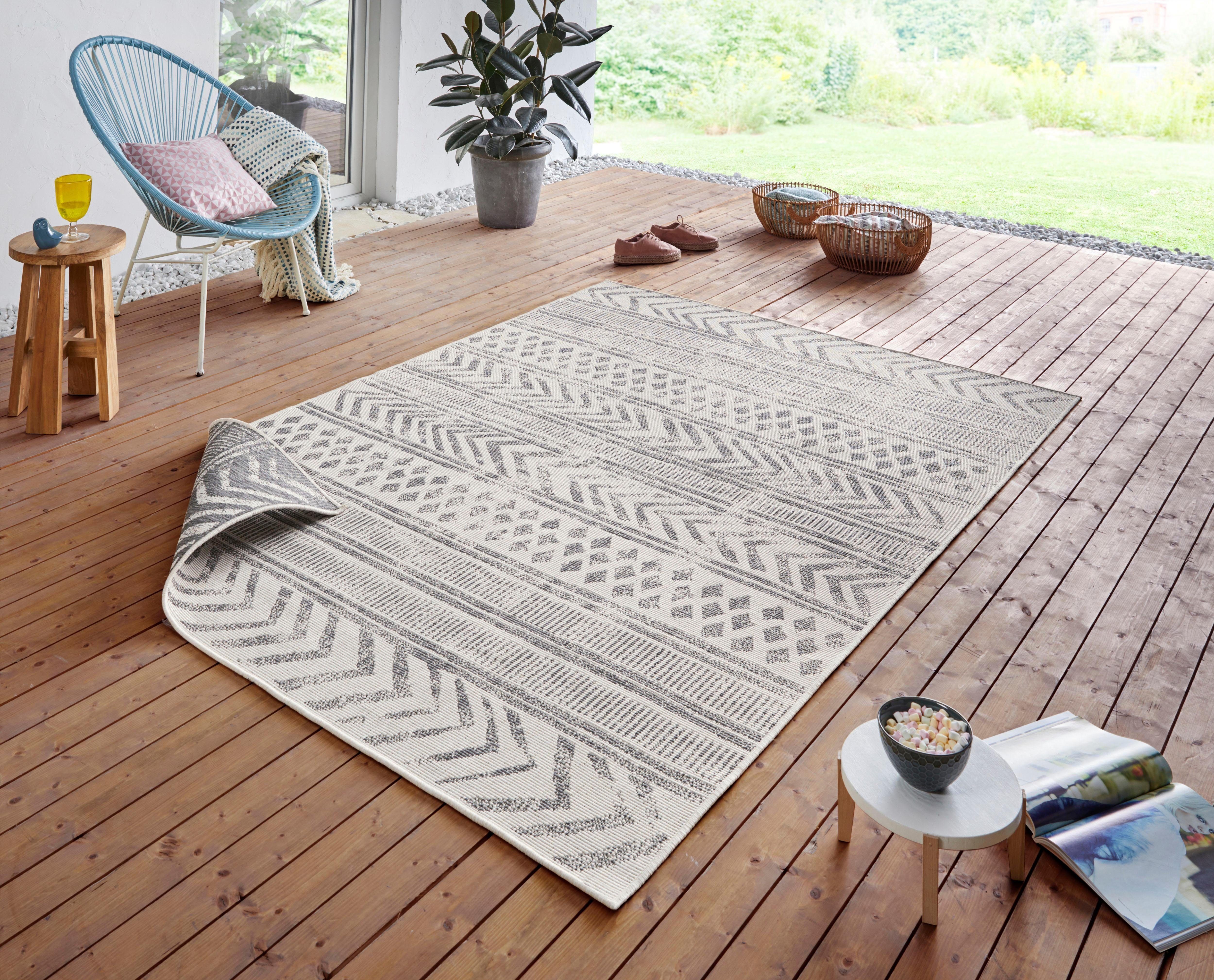 rechteckig, Boho creme/grau Wohnzimmer, Teppich Outdoor, Balkon, In-& Höhe: NORTHRUGS, Wendeteppich, Wasserfest, Garten, 5 BIRI mm, Wetterfest,