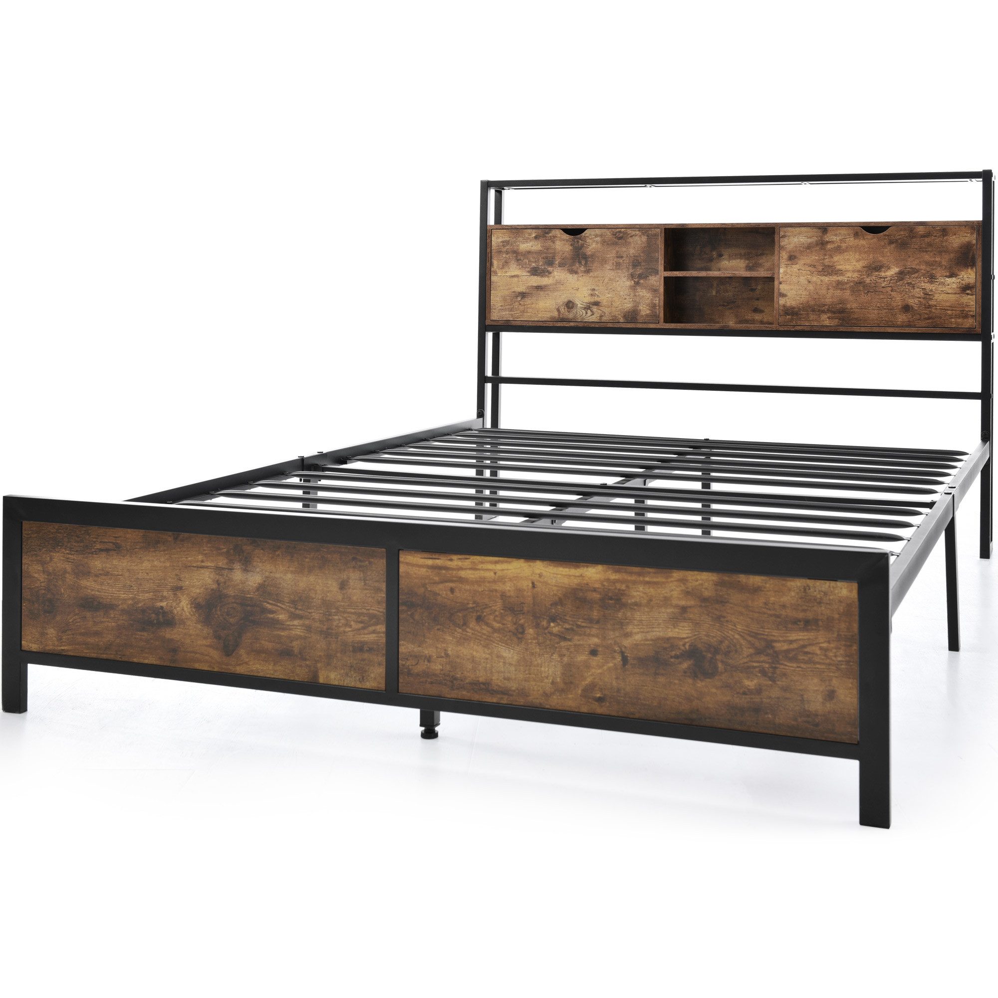 Luckice Upholstered Metal Bed, Youth Bed, Double Bed 140 x 200cm (with storage headboard and metal slatted base, children's bed, metal bed frame), For adults, children, and teenagers