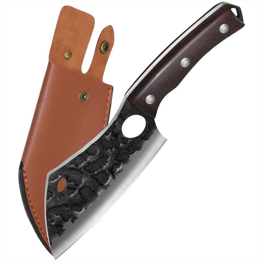 KingLux Ausbeinmesser Handgeschmiedete Ausbeinmesser Hackmesser Küchenmesser mit Lederhülle, Deutscher Edelstahl, Ergonomisch geformt, Holzgriff