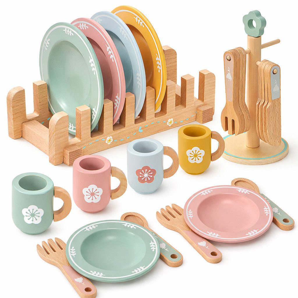 CLTYQ Spielgeschirr Kinder Holz Geschirr Set – Küchen Rollenspiel Spielzeug, Spielküche Zubehör mit Tassen, Tellern & Besteck