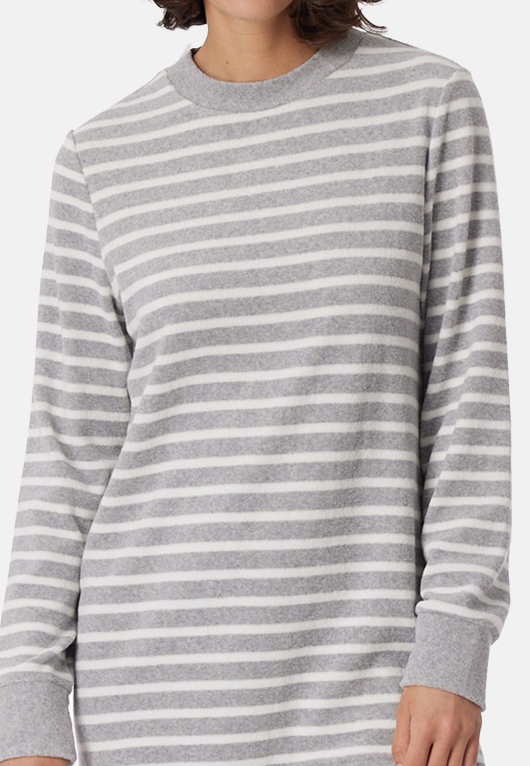 Schiesser Pyjama Casual Essentials mit (Set, 2 Schlafanzug längerer Baumwolle Grau Passform tlg) Melange - - Langarmshirt