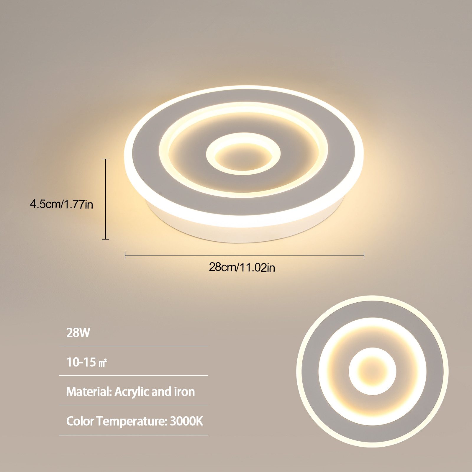 Riserva Deckenleuchten Ultradünne Runde Deckenleuchte, 28W, 3000K Warmweiß, Ø28cm, Weiß