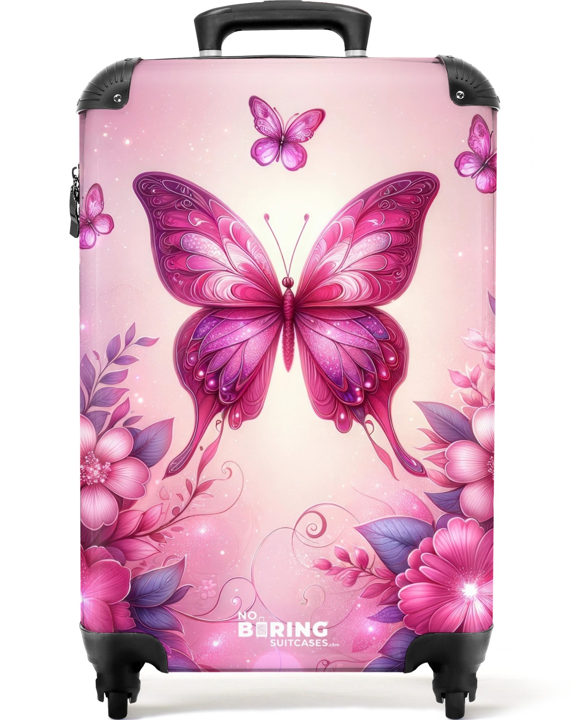 NoBoringSuitcases.com© Kinderkoffer Rosa Schmetterlinge zwischen rosa Blumen und Glitzer 55x35x20cm, Handgepäck-Koffer, Kinderkoffer, Reisekoffer Mädchen