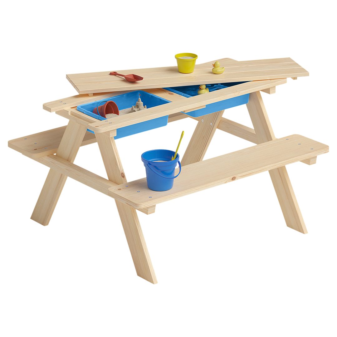 Bellabino Kindersitzgruppe Inny Outdoor-Bank aus Holz, (Tisch und Bänke, inkl. 2 Wannen, Sitzgruppe), für 4 Personen, unbehandelt, Kindermöbelset aus Kiefer Massivholz