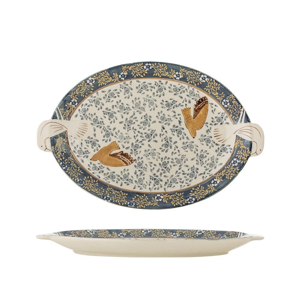 Bloomingville Servierplatte Hezha Serviertablett, Blau, Steingut, L34xH3,5xW25 cm, Steinzeug, Anrichtplatte, Keramikplatte, Dekotablett, Vogelmotiv, Unikat