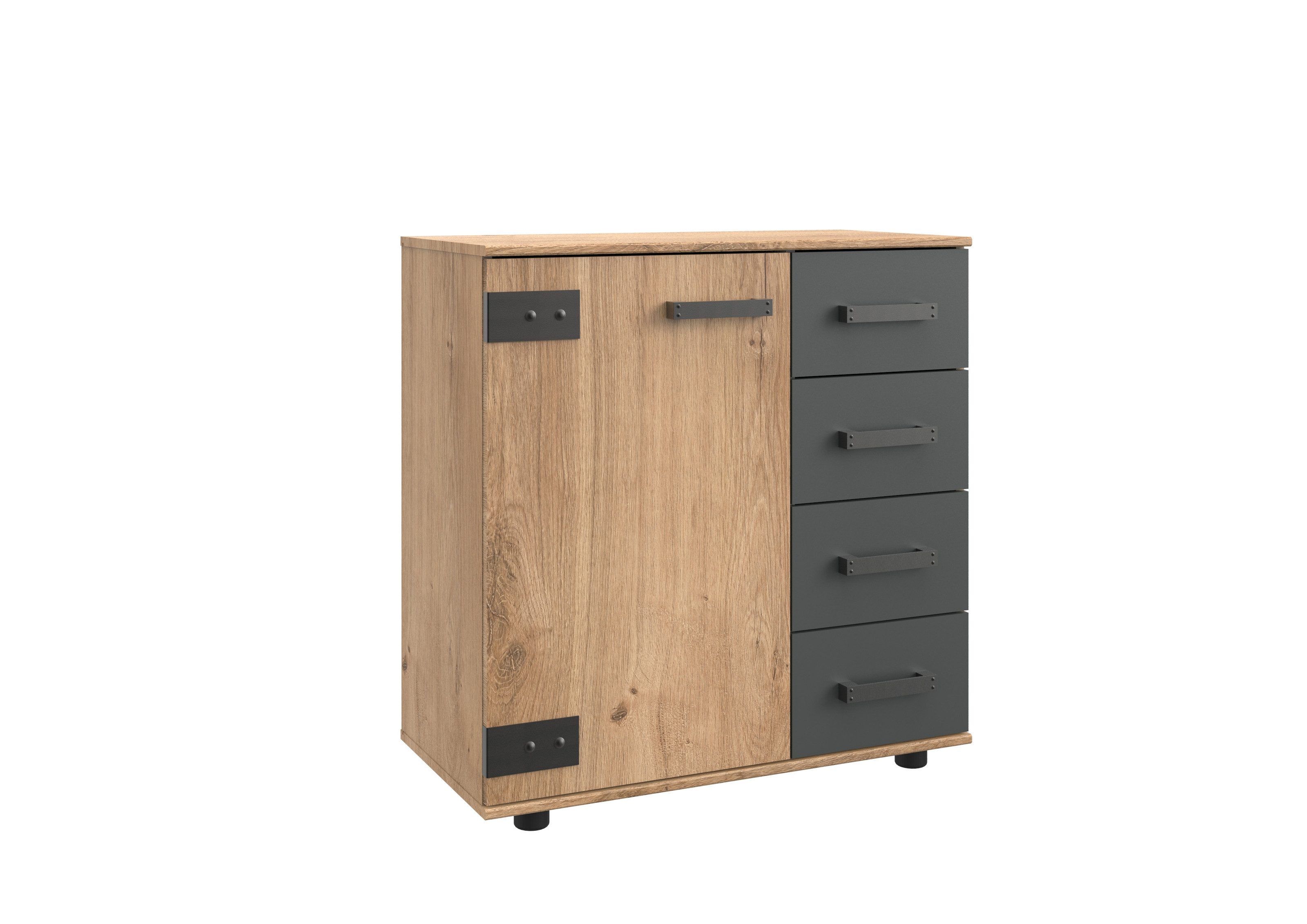 freiraum Kommode Malmö (B/H/T: 81x83x41 cm), in Plankeneiche-Nachbildung mit Absetzungen in Graphit