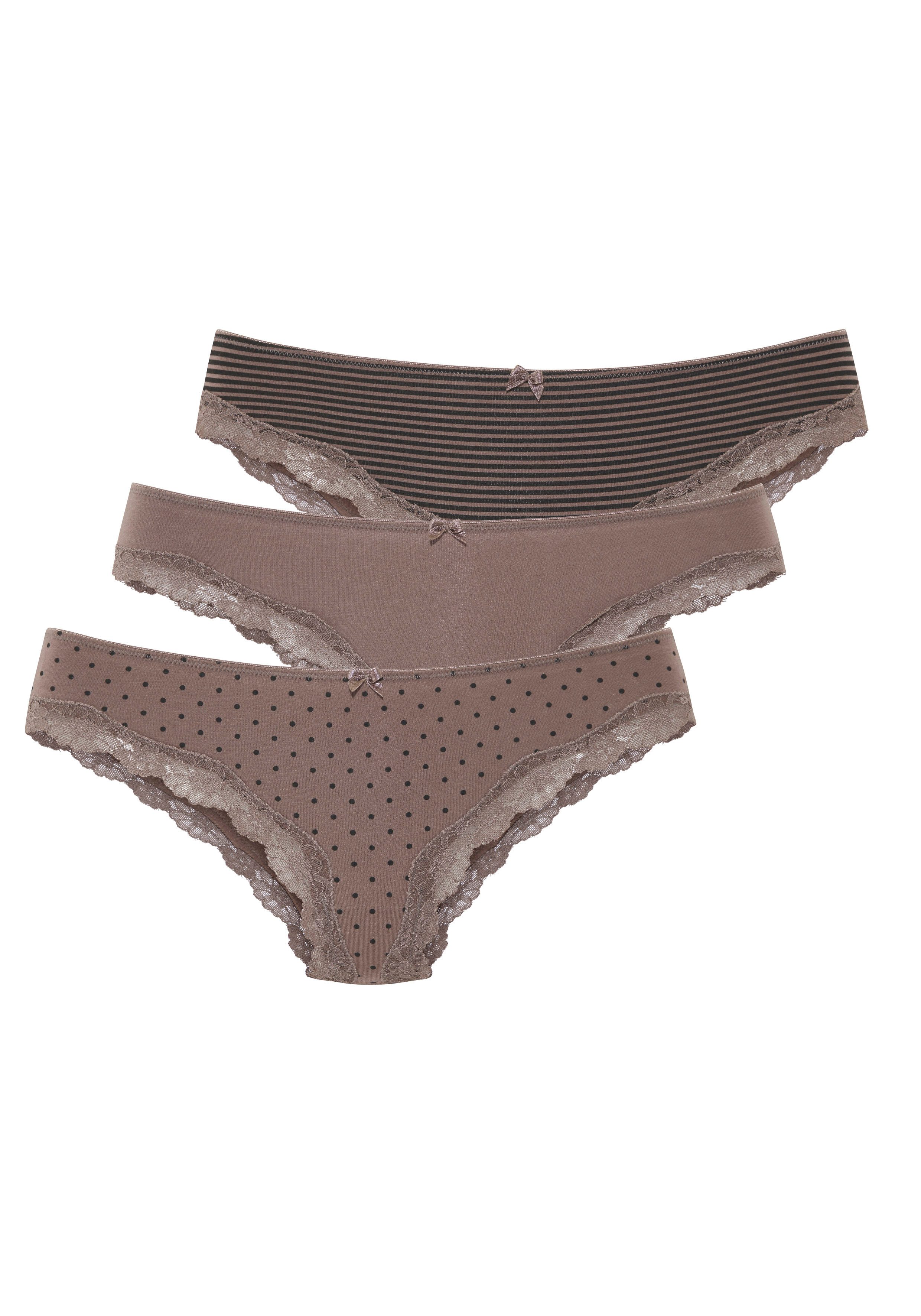 LASCANA Brasilslip (3er-Pack) aus elastischer Baumwolle mit zarter Spitze