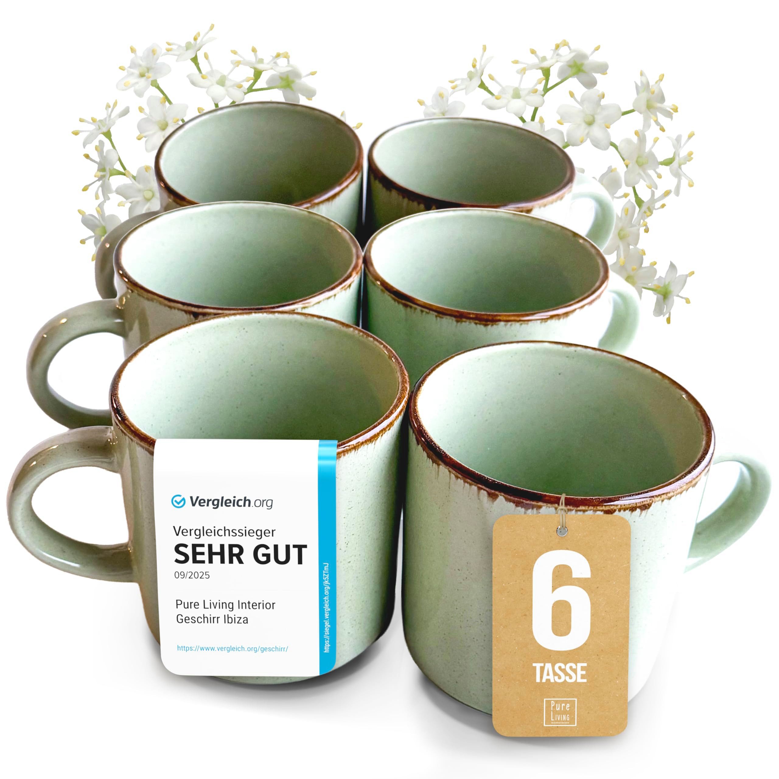 PURE LIVING INTERIOR DESIGN Geschirr-Set Tassen 6er 350ml »Rustic«, Steingut, Mintgrün (6-tlg), 6 Personen, Steingut