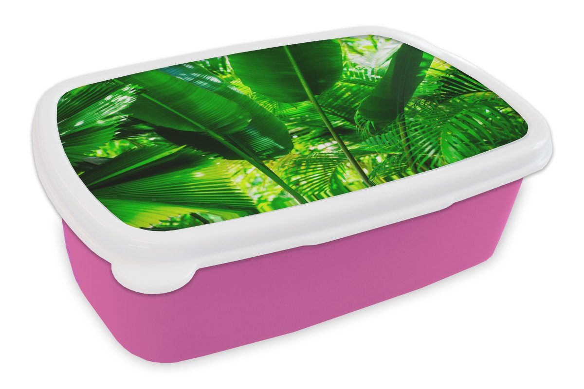 MuchoWow Lunchbox Kinder, Dschungel Blätter Brotdose für im Mädchen, Kunststoff Kunststoff, Fotodruck, Brotbox Erwachsene, rosa Snackbox, Tropische (2-tlg)