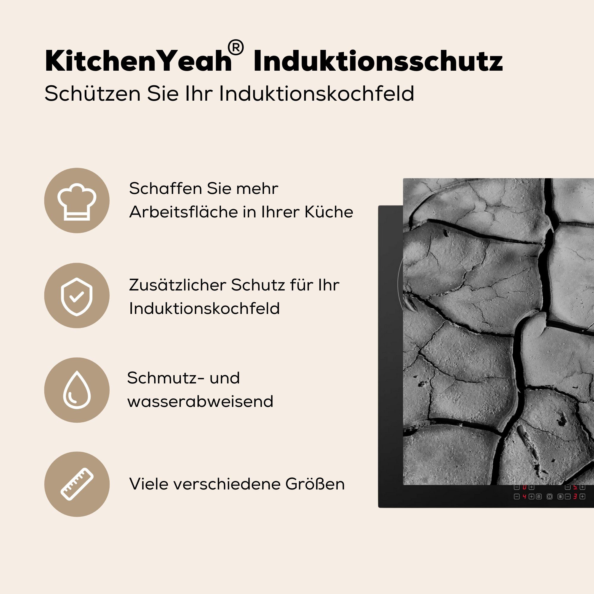 Induktionskochfeld 81x52 küche, für Lehm tlg), cm, (1 - Herdblende-/Abdeckplatte Weiß Schutz Vinyl, Stein, die - Schwarz Ceranfeldabdeckung - MuchoWow