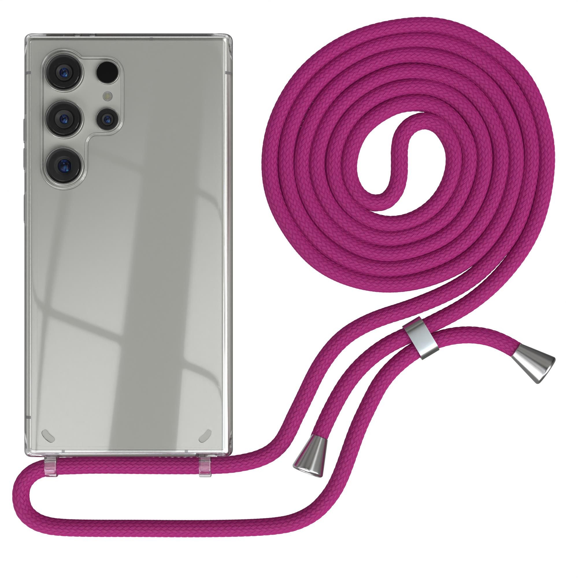 EAZY CASE Handykette Handyband mit Magsafe für Galaxy S24 Ultra 6,8 Zoll, Handykordel Slimcover mit Umhängeband zum Umhängen Pink / Clip Silber