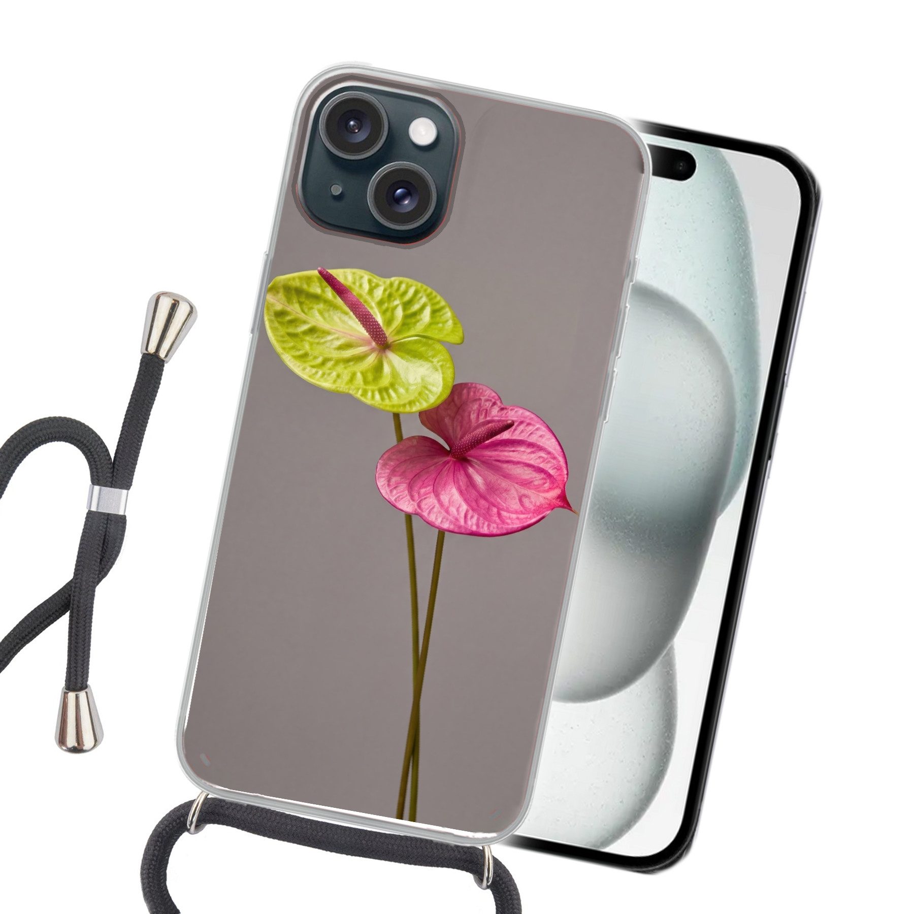 MuchoWow Handyhülle für Apple iPhone 15 Pflanzen - Anthurium - Grün - Rosa, Tragbare Handyhüllen mit Kette zum umhängen, Handykette Handyband