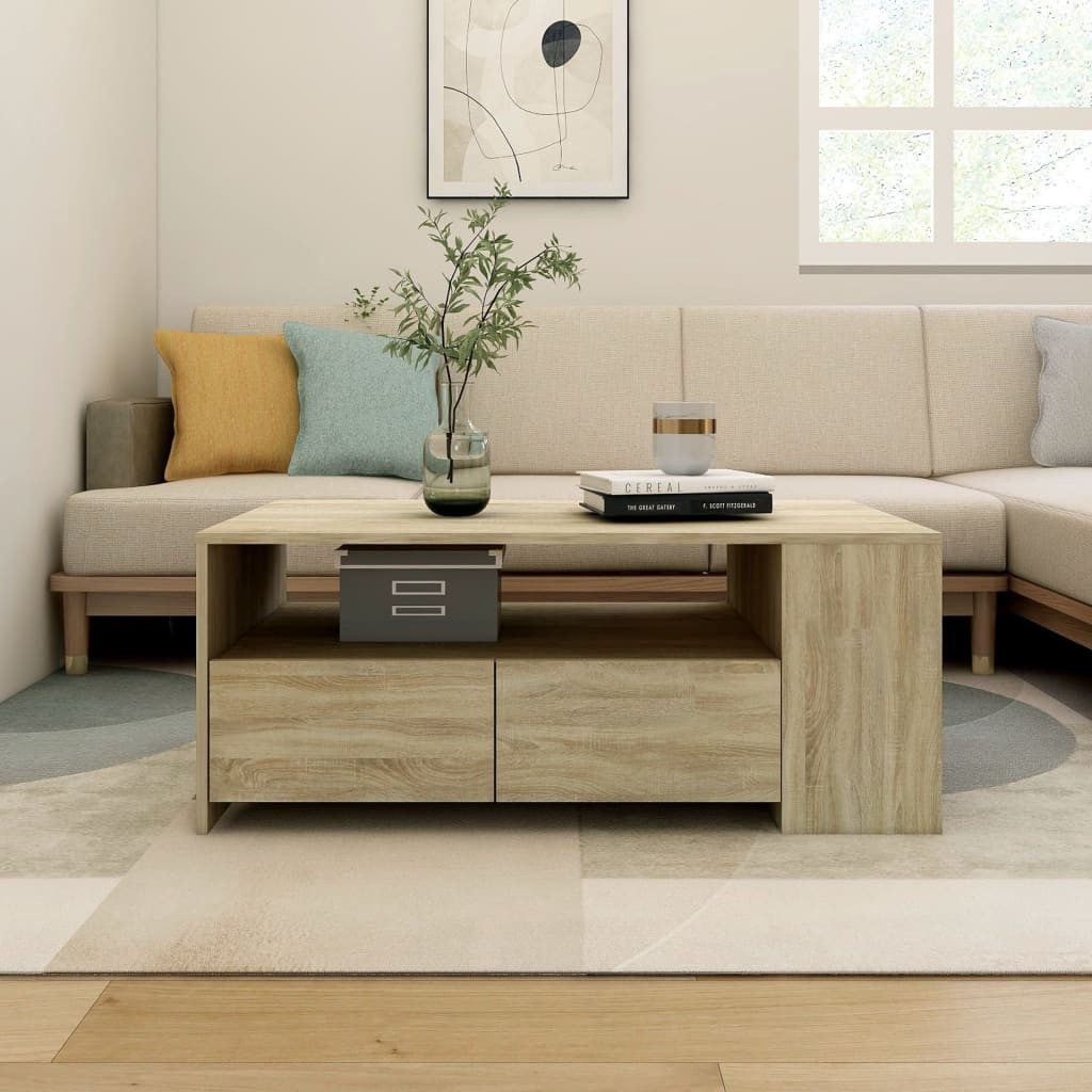 furnicato Couchtisch Sonoma-Eiche 102 x 55 x 42 cm mit Stauraum (1-St), Wohnzimmertisch mit Schubladen, Fächern und Ablage für das Wohnzimmer