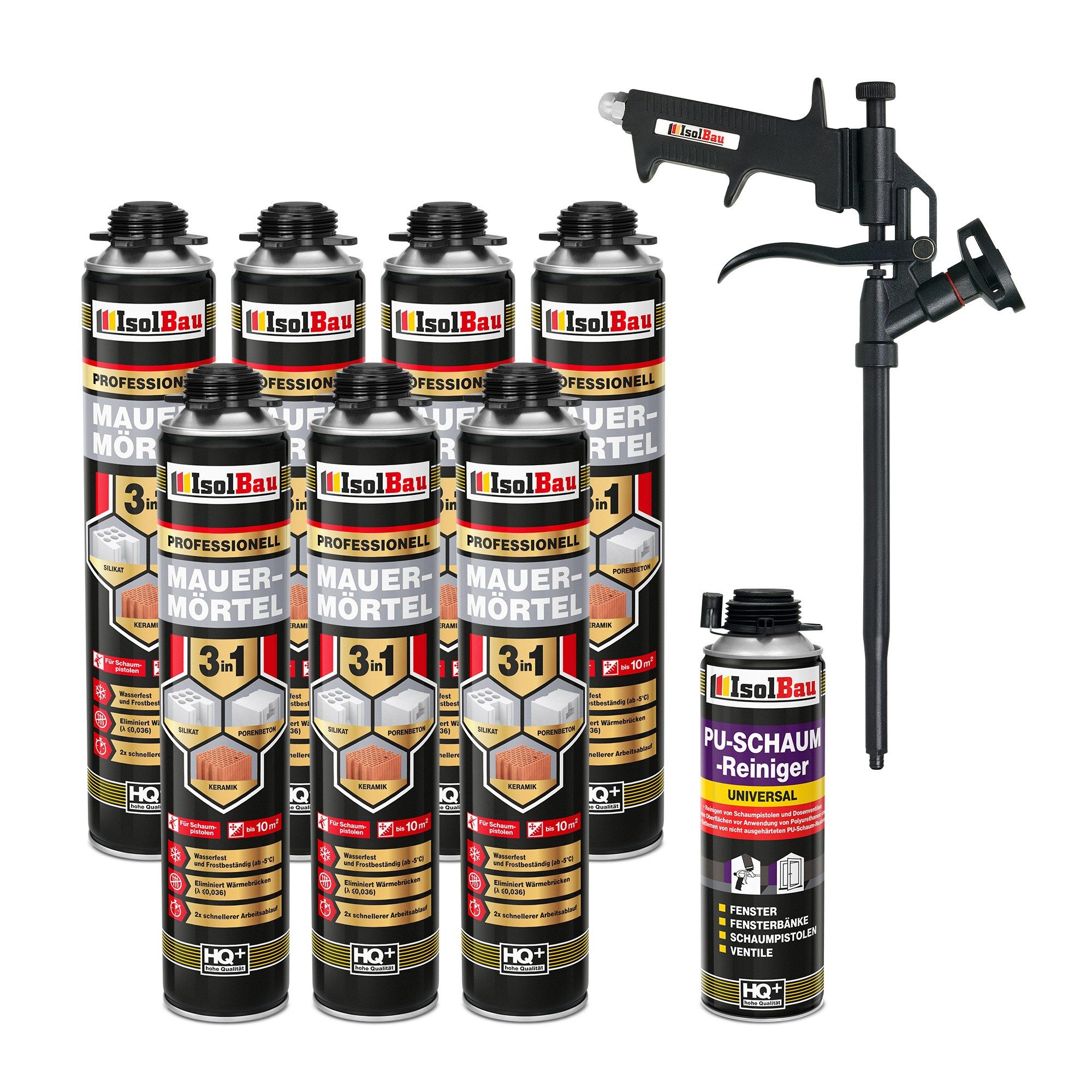 None Montagekleber Mauermörtel 7 x 750ml SET Montageschaum Teflon Schaumpistole, PU Schaum 750 ml, Reiniger 500 ml, Schaumpistole