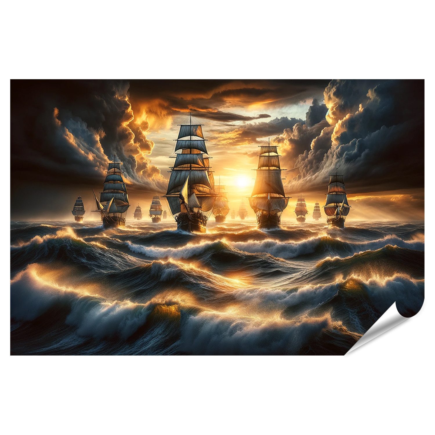 Poster Alte Segelschiffe bei Sonnenuntergang dramatische See