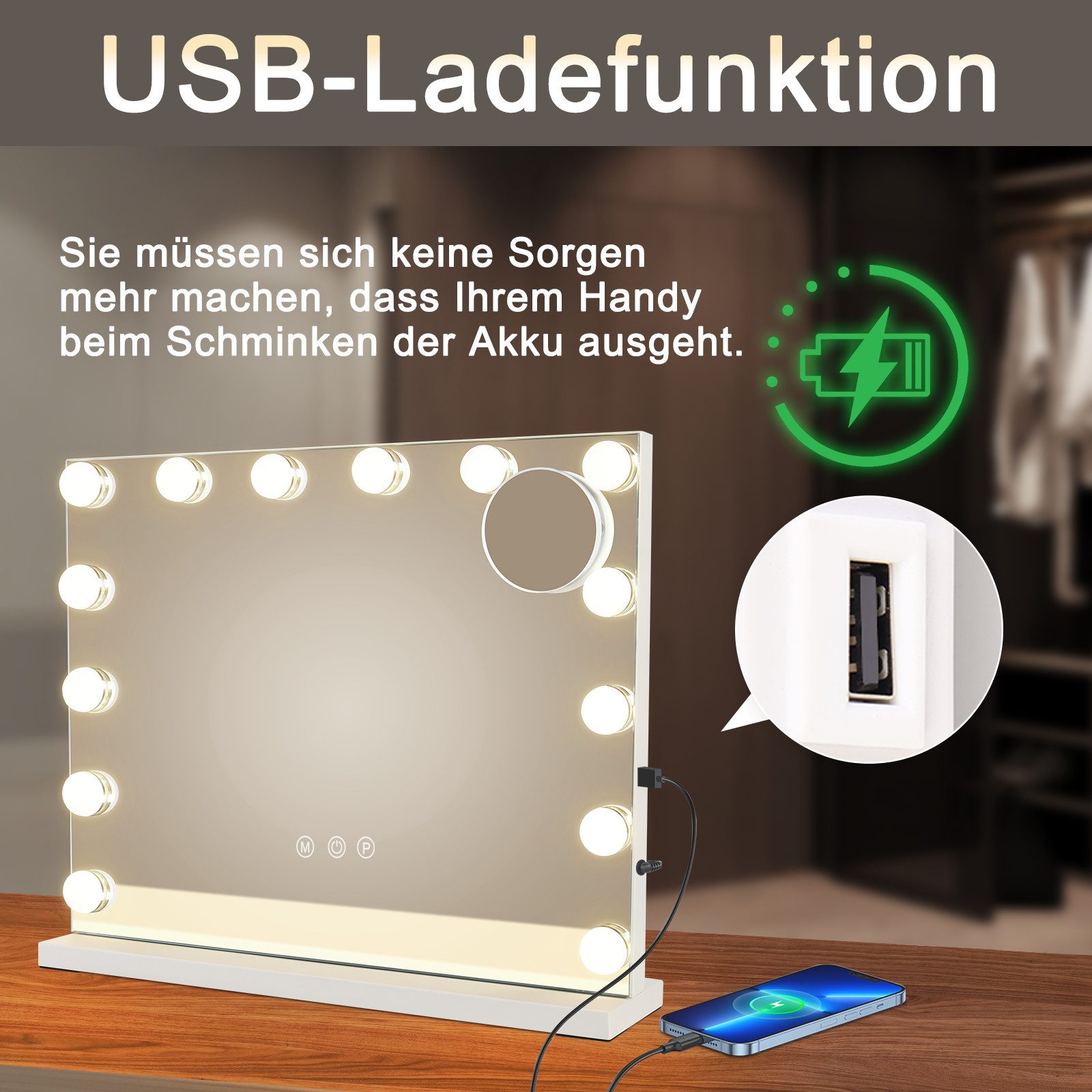 ZMH Schminkspiegel mit Beleuchtung, 3 Lichtfarben, dimmbar, Touch (Packung, 1-St., 1*Schminkspiegel mit Beleuchtung), 50 × 40 cm, 14 LED-Leuchten, USB-Anschluss – Bild 5 von 5