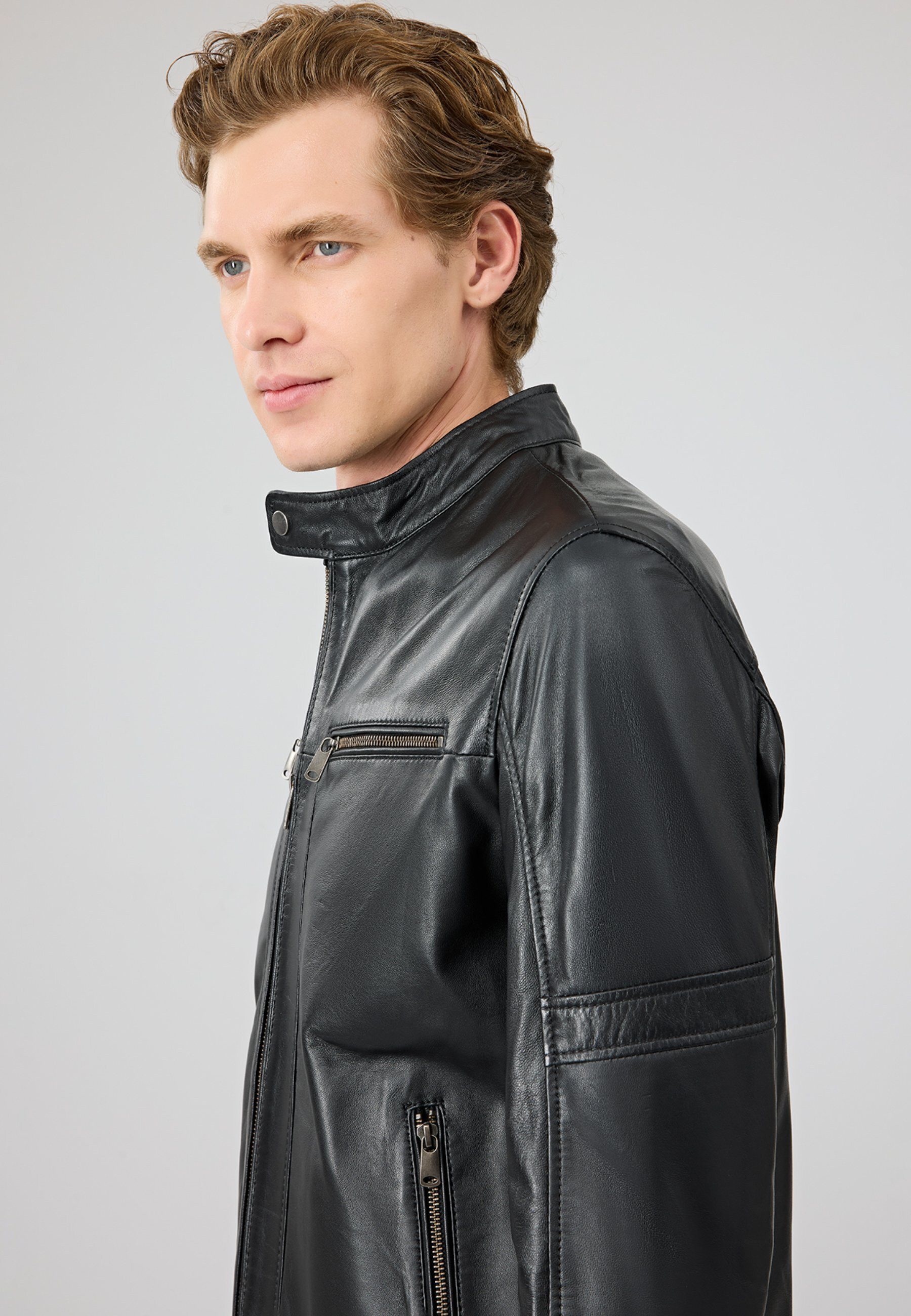 Derimod Lederjacke Patrick Lederjacke mit Stehkragen Regular Fit, Reißverschluss, Stehkragen, Kurz, Textilfutter