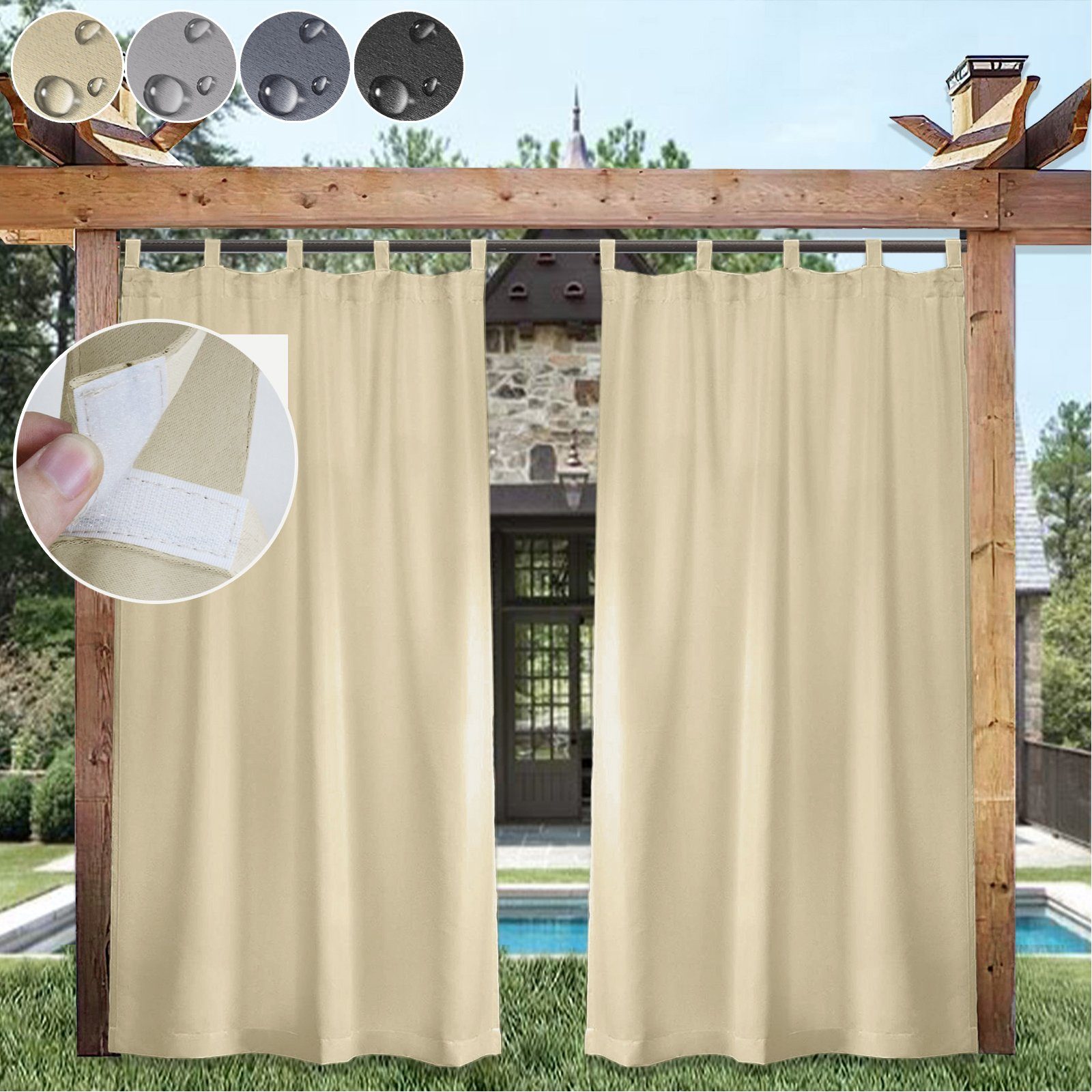 isoliert Beige W132xH213cm, (1 Vorhang Patio Außenvorhang Wasserdicht Qelus, St), Thermisch Verdunkelungsvorhang