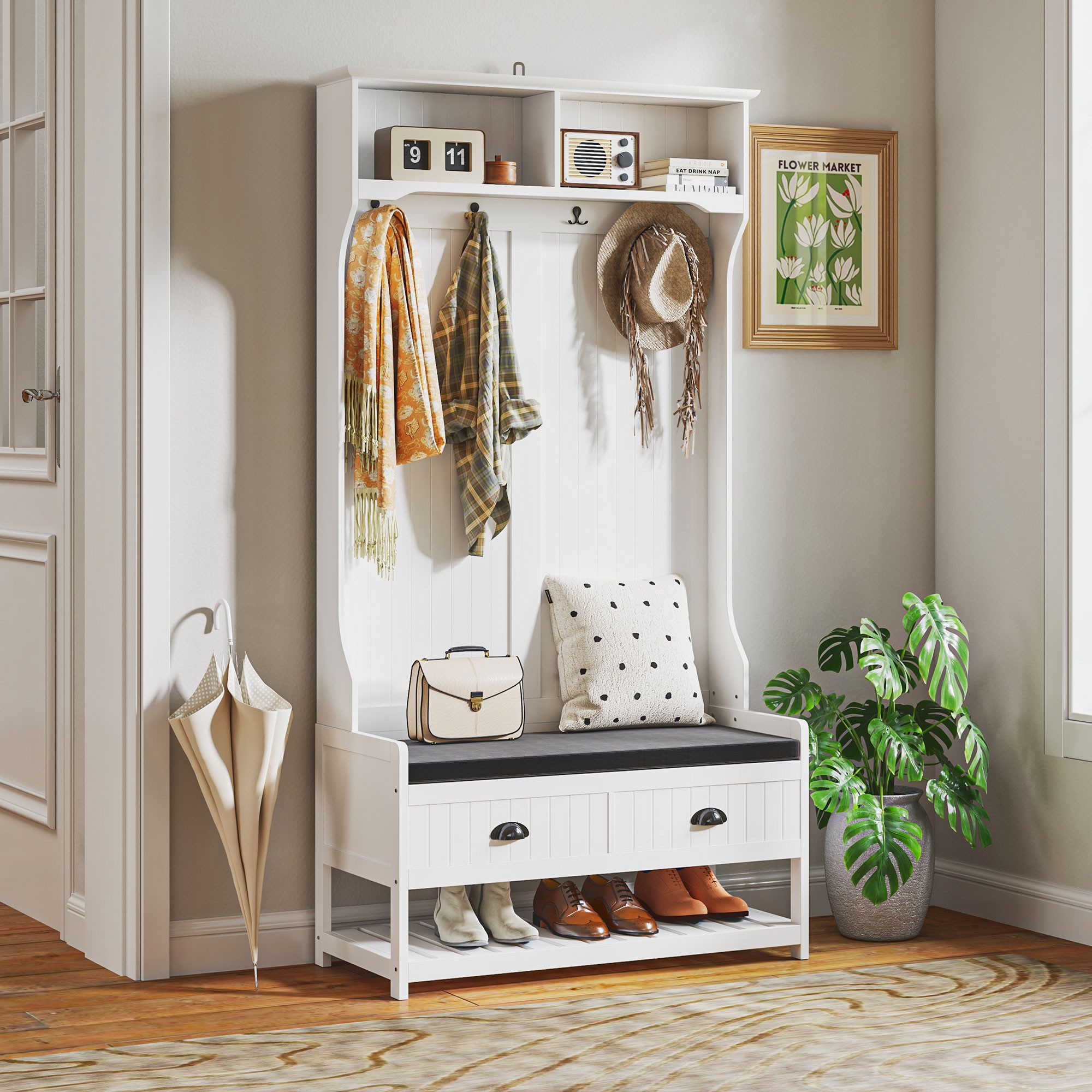 autolock Вешалки 2-in-1 Вешалки для одежды mit 4 Haken Garderobe mit Schuhbank & Ablagen, Jackenständer mit Kippschutz für Eingangsbereich Flur Schlafzimmer