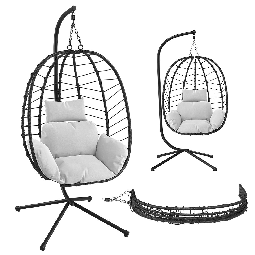 STEELSØN Hängesessel Alarian (hellgrau/schwarz, mit Gestell und Sitzkissen), höhenverstellbar, faltbar, für indoor und outdoor, aus Polyrattan