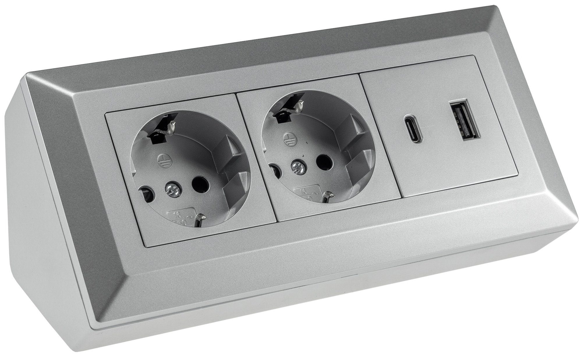 2-fach Steckdosenblock, USB-A+C, silber Mehrfachsteckdose