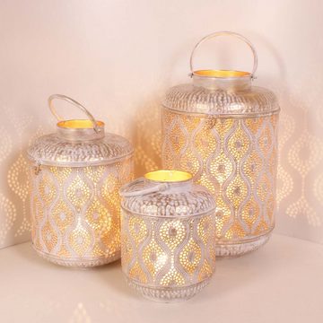 Casa Moro Kerzenlaterne Suraya 3er Set in Shabby Chic Weiß Gold aus Metall (Marokkanisches Windlicht stehend & hängend, 3er Set), Tischlaterne für Feier Dekoration Geschenk IRL5010