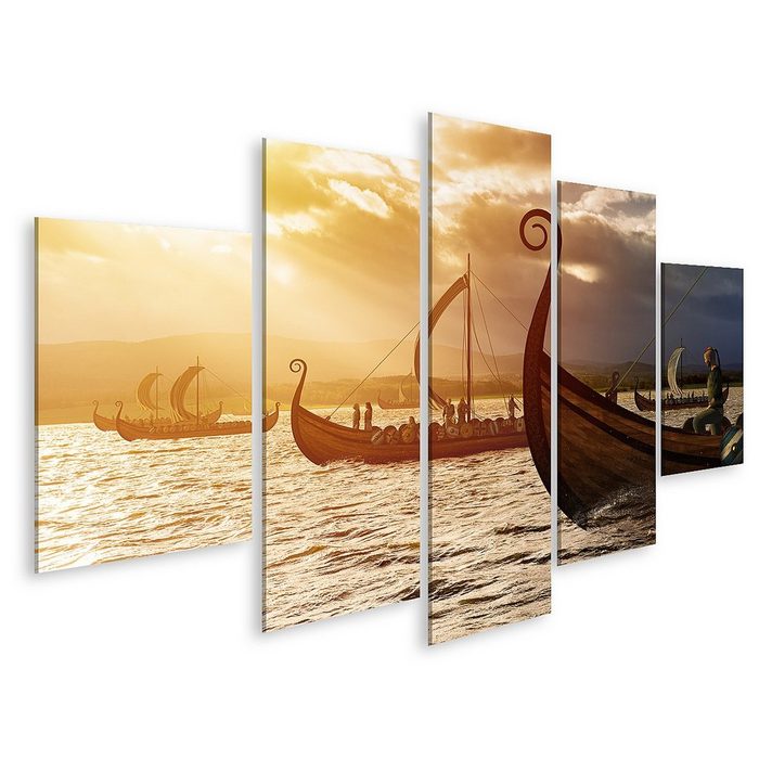 islandburner Leinwandbild Bild auf Leinwand Wikingerschiffe auf dem Wasser unter dem Sonnenlicht