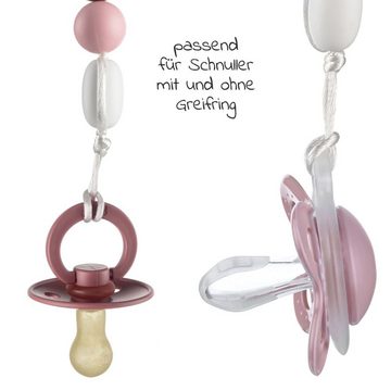 MiaMia Schnuller Grau Beere, 2x Schnullerkette Schnullerband mit Silikon Perlen, Gummiring & Clip