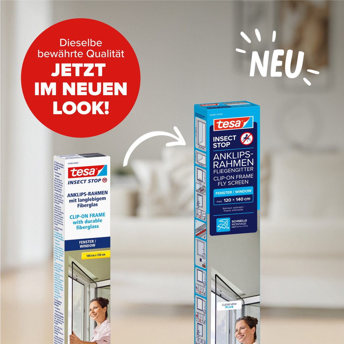 tesa Insektenschutz-Fensterrahmen Anklips-Rahmen Fliegengitter für Fenster, Anthrazit (Durchsichtig), (Packung, 1-St., inkl. Fiberglas-Netz in Anthrazit, Rahmen und Halteklip-Lösung), INSECT STOP Netz aus Fiberglas, selbstklebende Halte-Klips