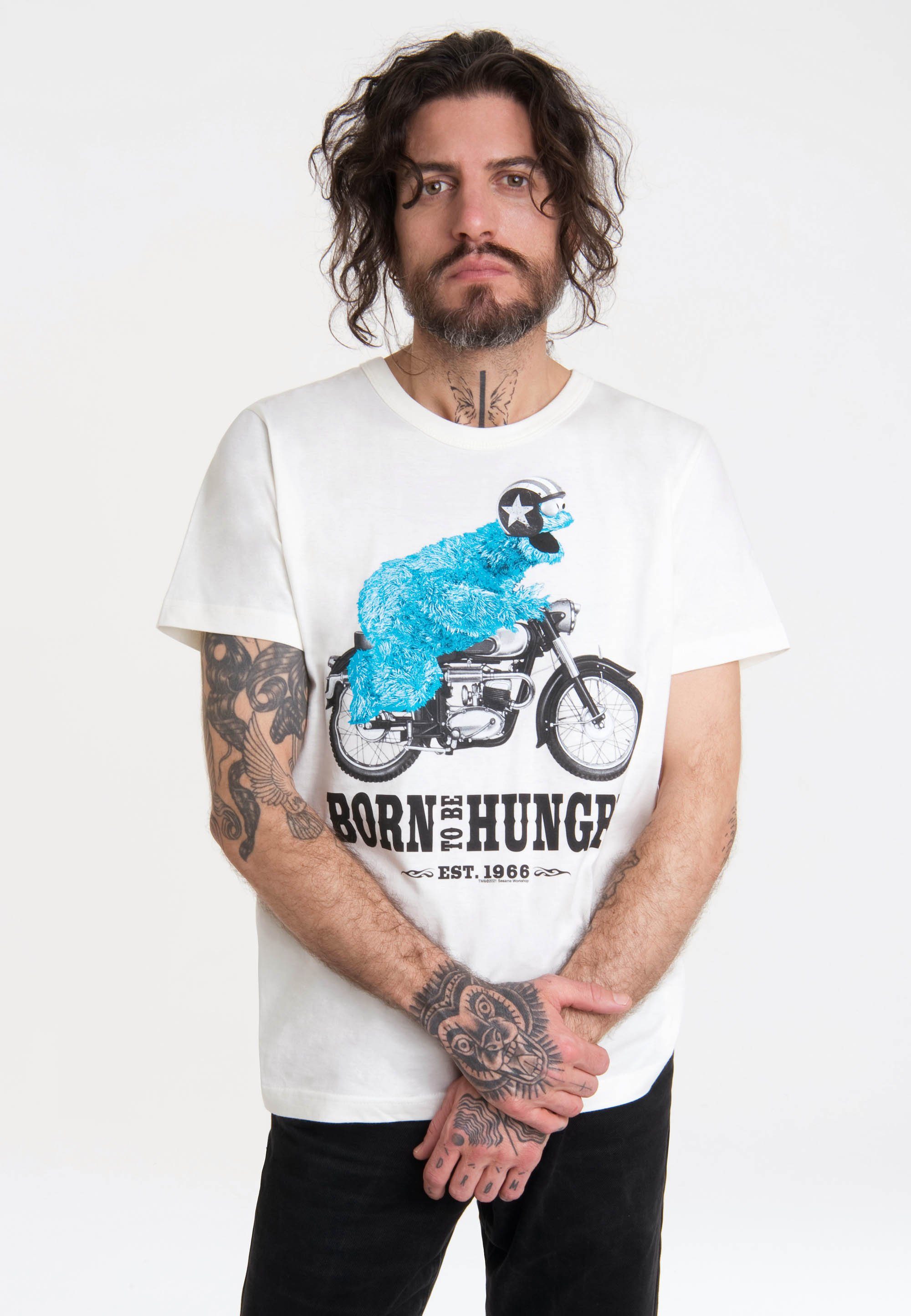 LOGOSHIRT T-Shirt Sesamstraße Motorrad Print - lizenziertem mit Krümelmonster weiß