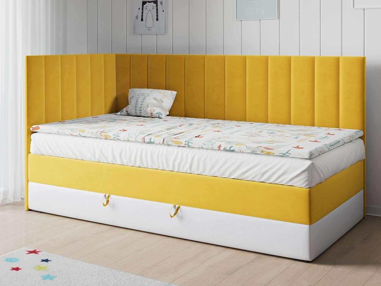 MKS MÖBEL Kinderbett LAURA 3, Bett Boxspringbett mit Matratze - Kinderbett Jugendbett Einzelbett Gelb und Weiss