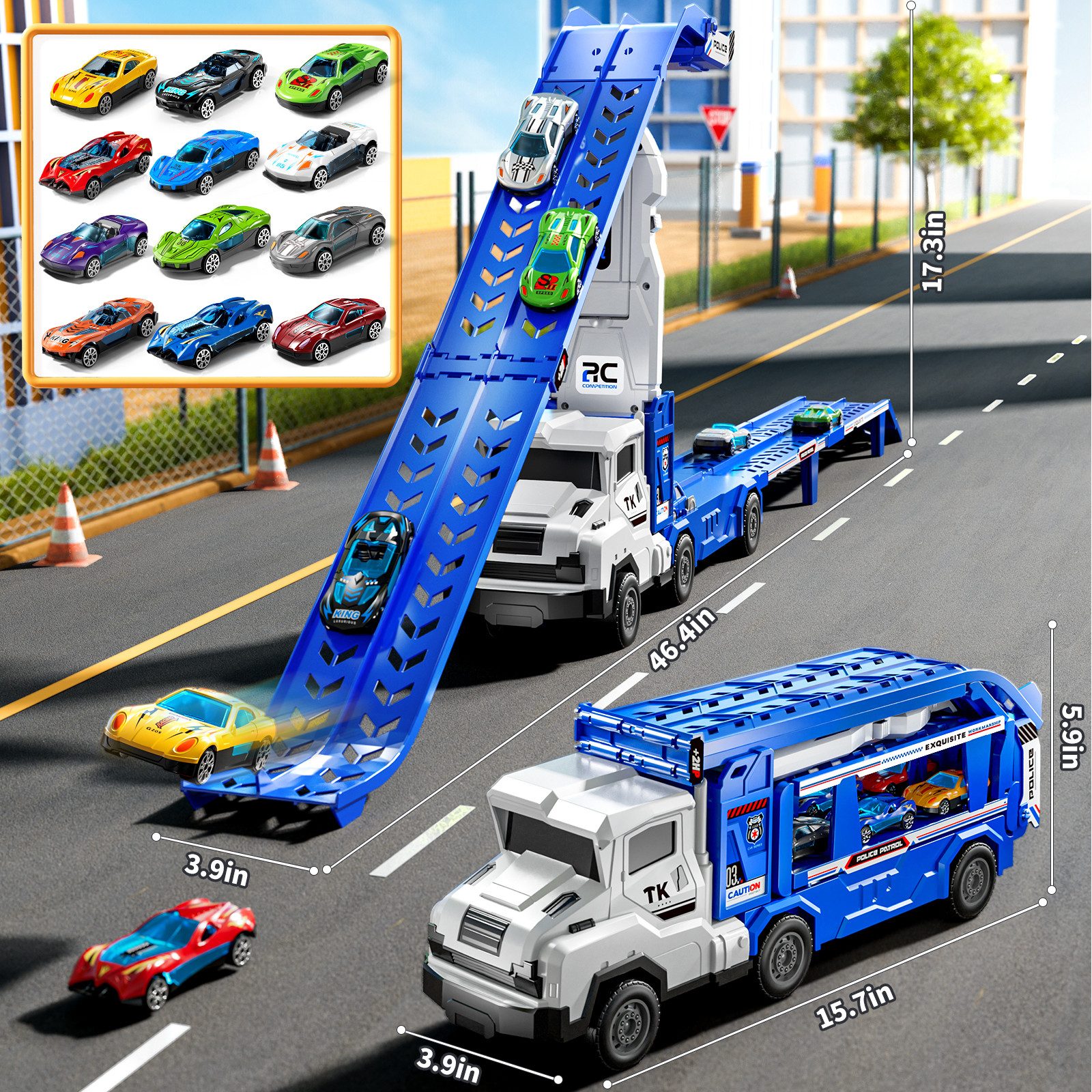 TEMI Spielzeug-Auto Transform Rennbahn LKW Spielzeug Set mit 12 Druckguss Autos