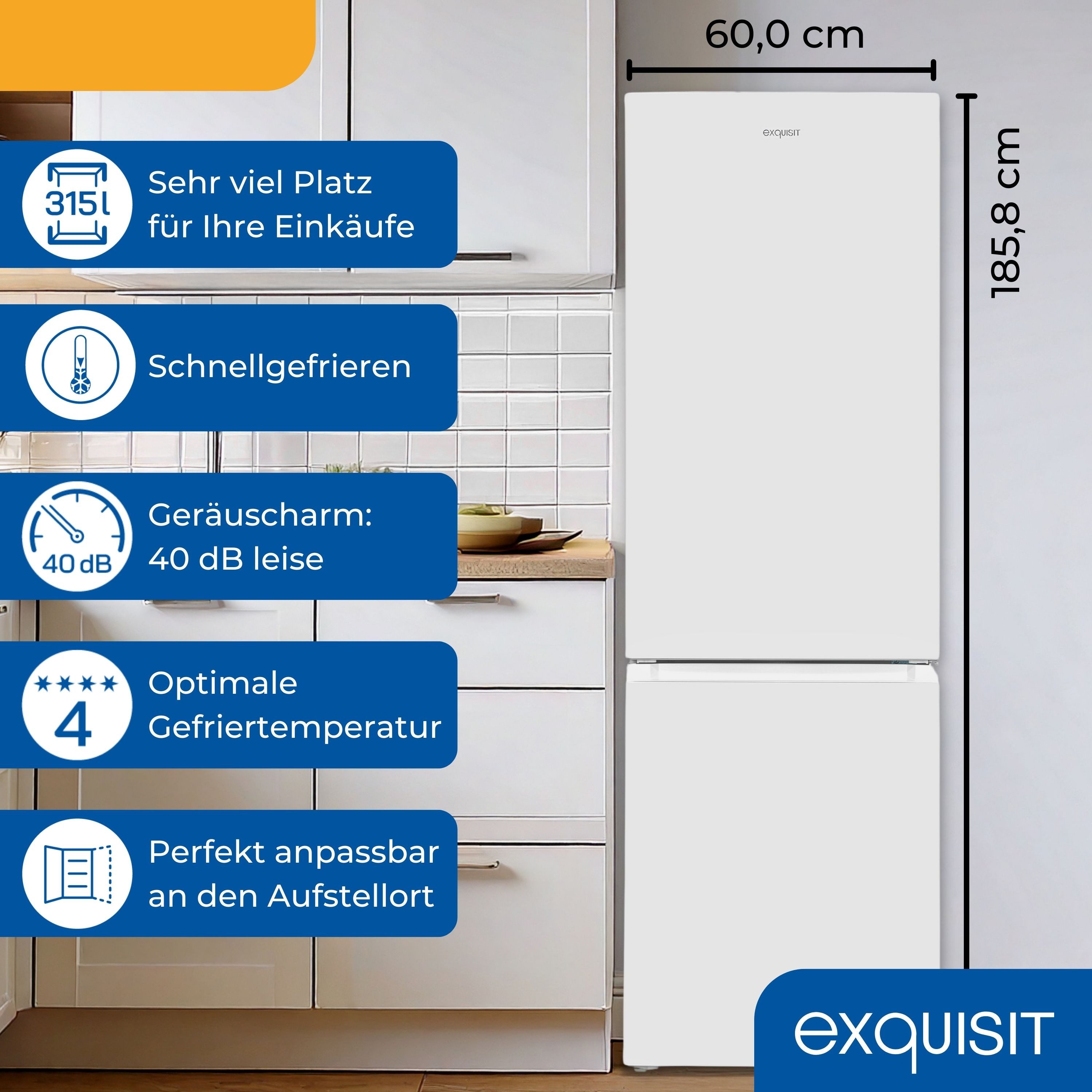 exquisit Kühl-/Gefrierkombination KGC5320-95-E-040C, 185.8 cm hoch, 60 cm breit, verstellbare Glasablagen, optischer Alarm, höhenverstellbare Füße