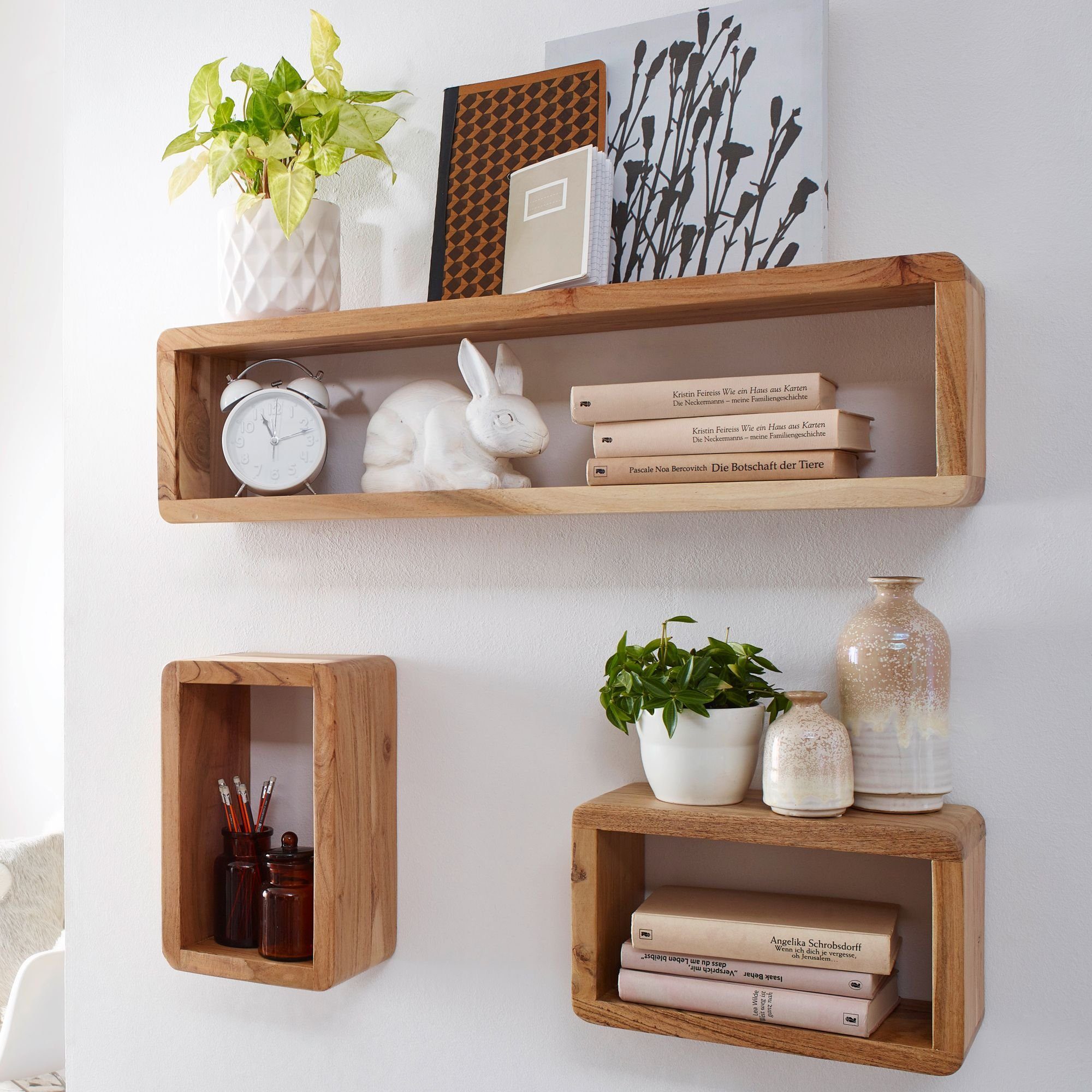 FINEBUY Wandregal »SuVa2477_1«, Design 3er Set Massiv Holzregale Akazie
