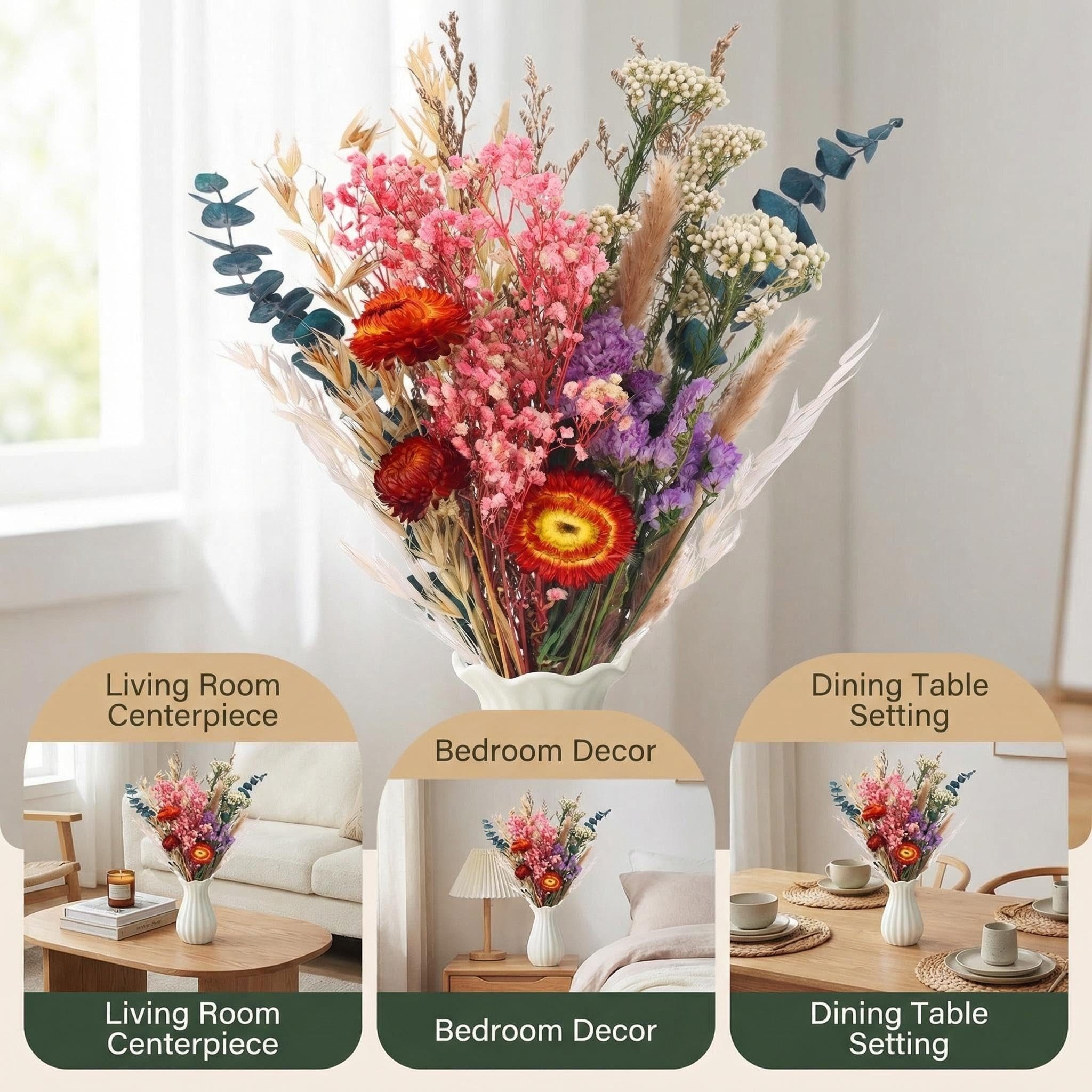 Trockenblume Trockenblumenstrauß Groß Set, Brautstrauß Trockenblumen Strauß, Diwzbyn, Groß zum Basteln Strohblumen Getrocknet für Wohnzimmer Home – Bild 3 von 5