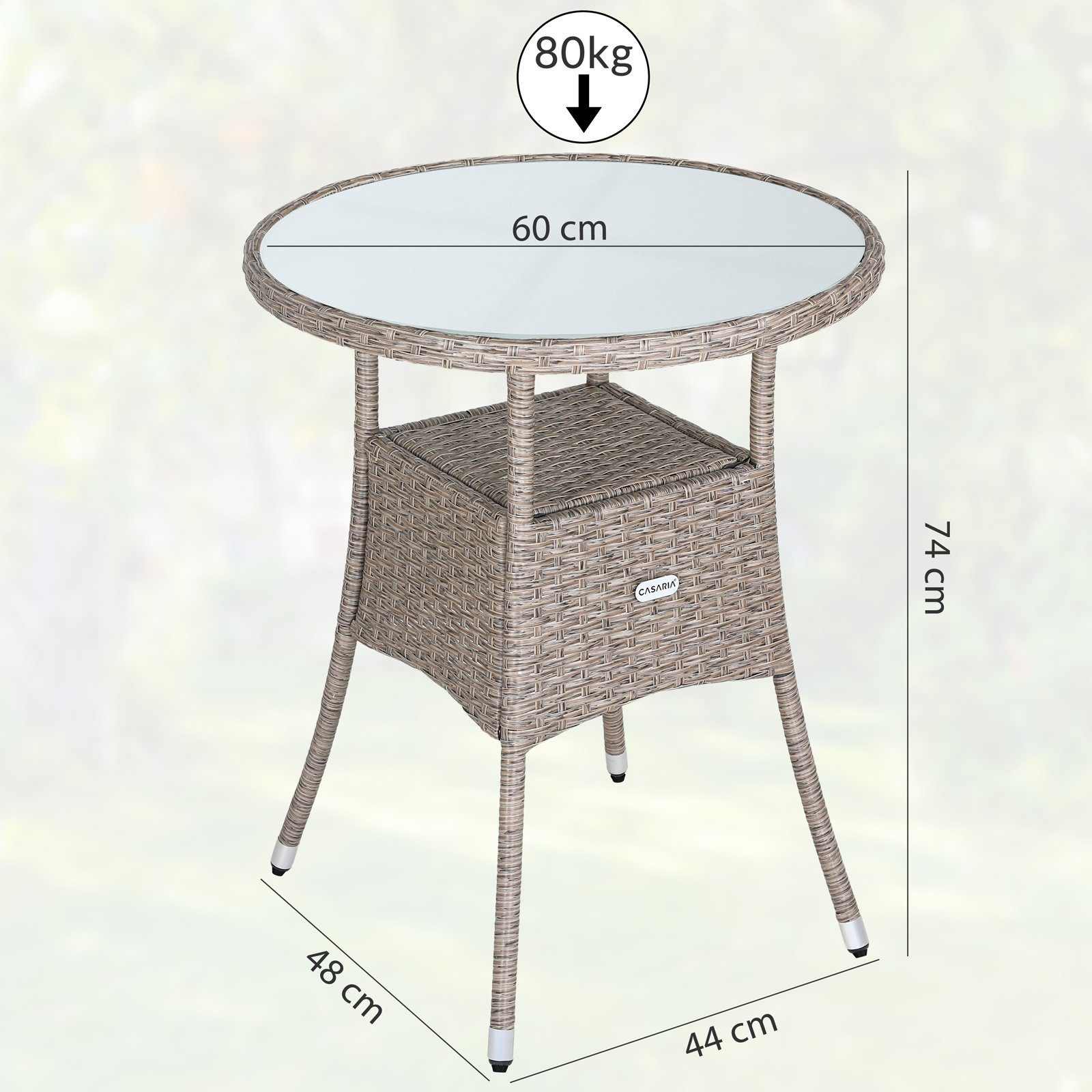 Casaria Gartentisch, Polyrattan Rund Glas Höhenverstellbar 80kg Belastbarkeit Wetterfest