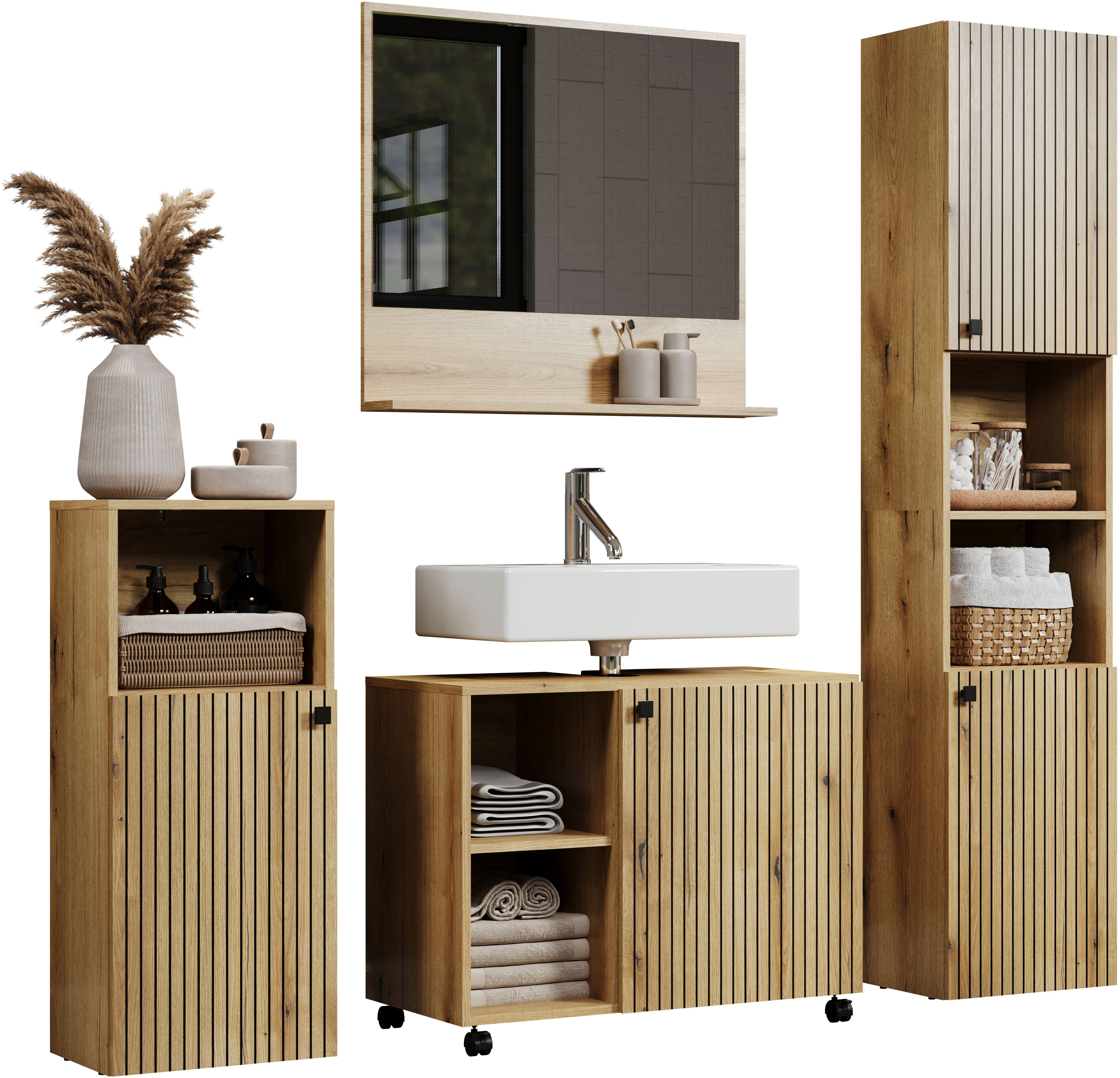 welltime Badmöbel-Set Amrum Waschbeckenunterschrank Spiegel Hochschrank Badschrank, (Komplett-Set, 4-St), 4-teiliges Badmöbel-Set Eiche Rillenoptik - Maße (B/T/ – Bild 2 von 5