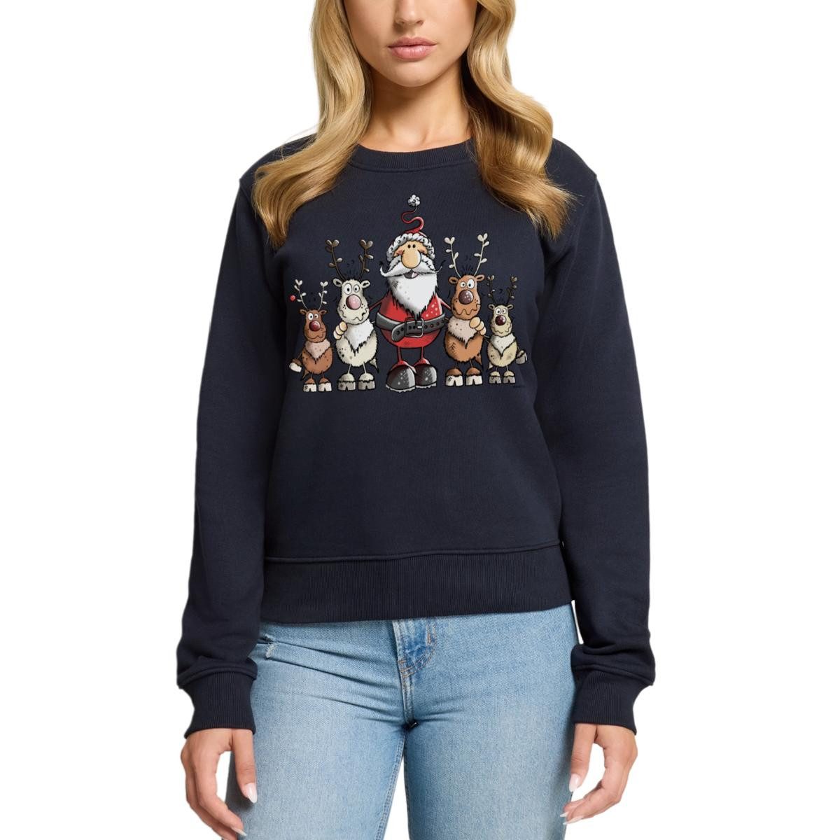 Spreadshirt Sweatshirt Weihnachten Weihnachtsmann Mit Rentieren Damen Premium Pullover (1-tlg)