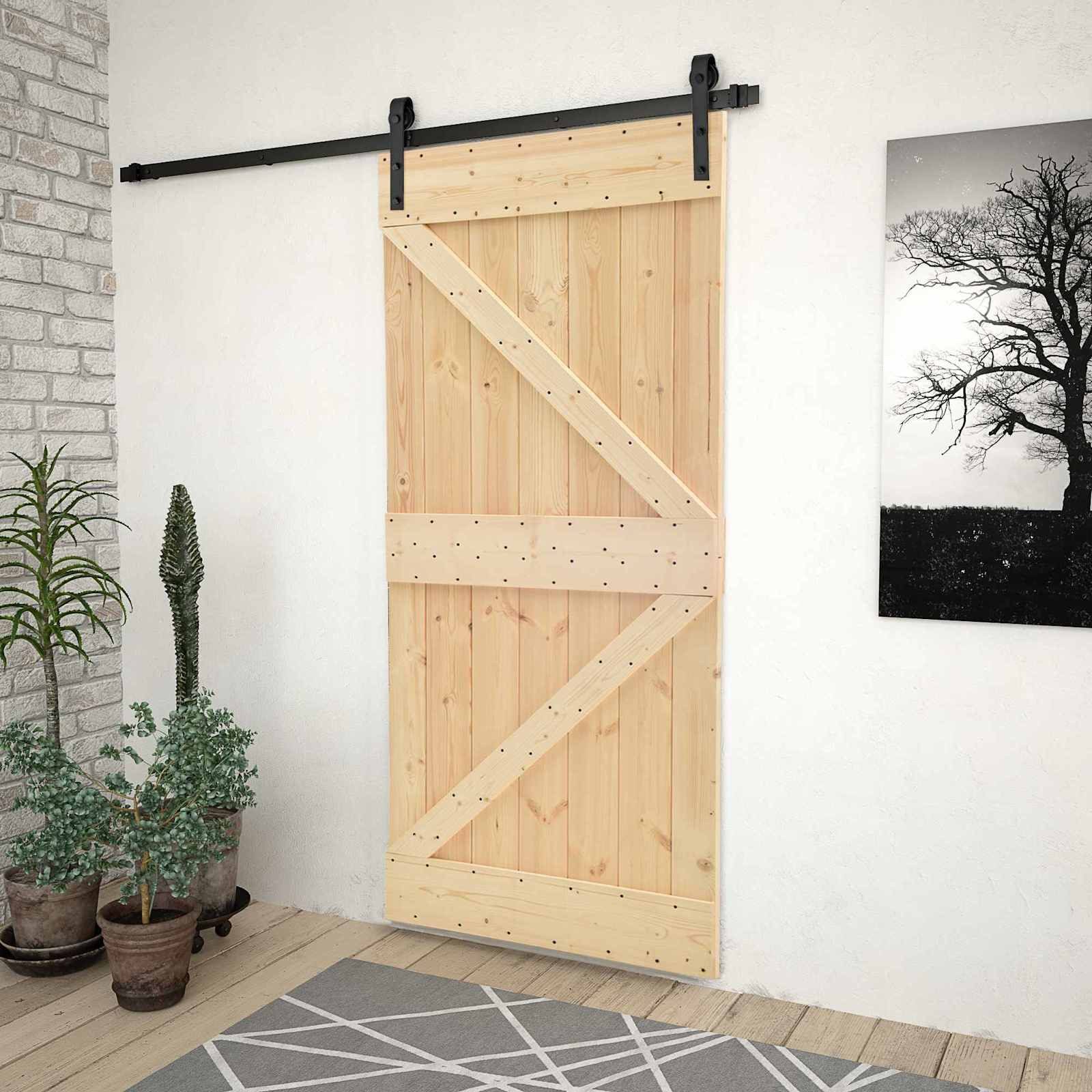 furnicato Schiebetür Massivholz 200 x 210 cm Natürlich und Schwarz, Stabile Innentür mit Schiebemechanismus und Stahlschiene für Zimmer