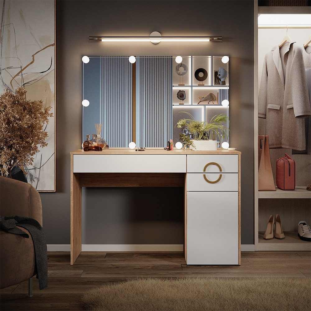 Schminktisch Adela, Weiß/Natural Rockford Hickory, mit Spiegel & LED